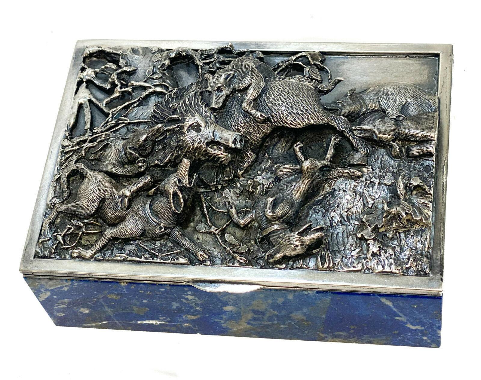 European Taillan Adriano for Dunhill Silver Lapis Lazuli and White Quartz Cigarette Box For Sale