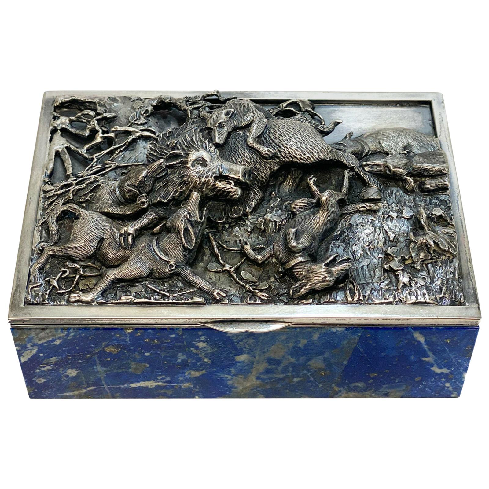 Taillan Adriano for Dunhill Silver Lapis Lazuli and White Quartz Cigarette Box For Sale