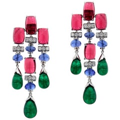 Tailor Made 18 Karat White Gold, Diamond and Multi Gem Stone Earrings 