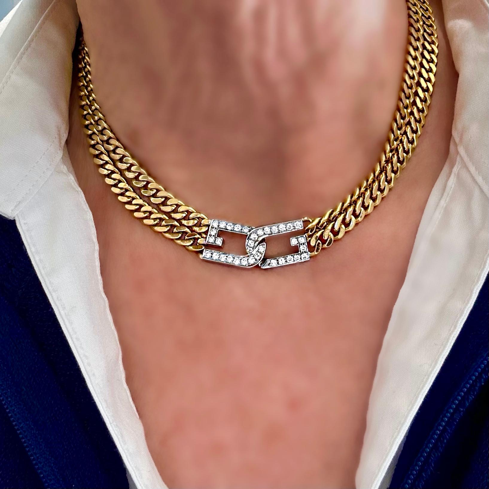 Choker à double rangée de maillons cubains en or jaune 18 carats avec station centrale en diamants en vente 2