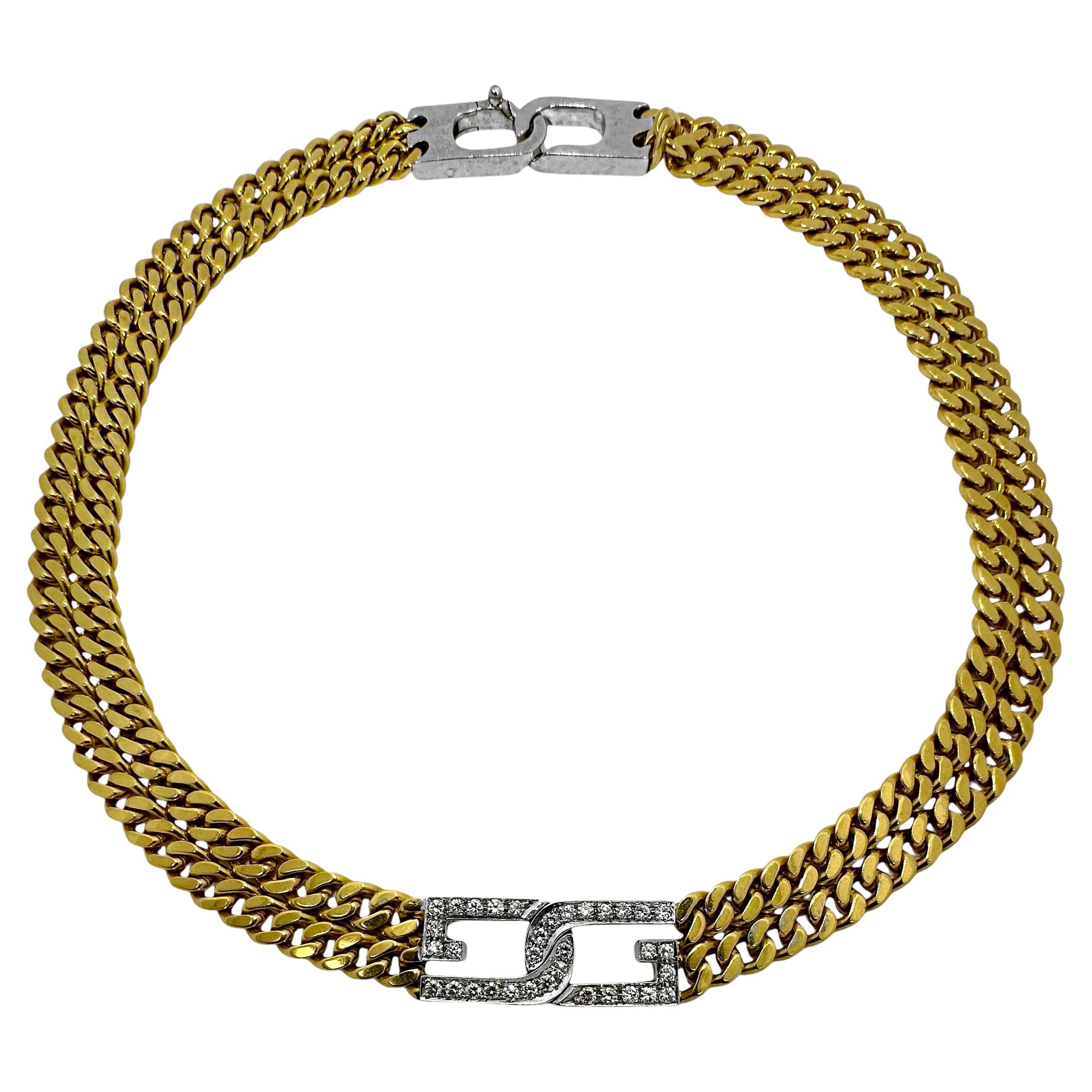 Tailoring 18K Gelbgold zweireihiges kubanisches Gliederhalsband mit Diamant in der Mitte