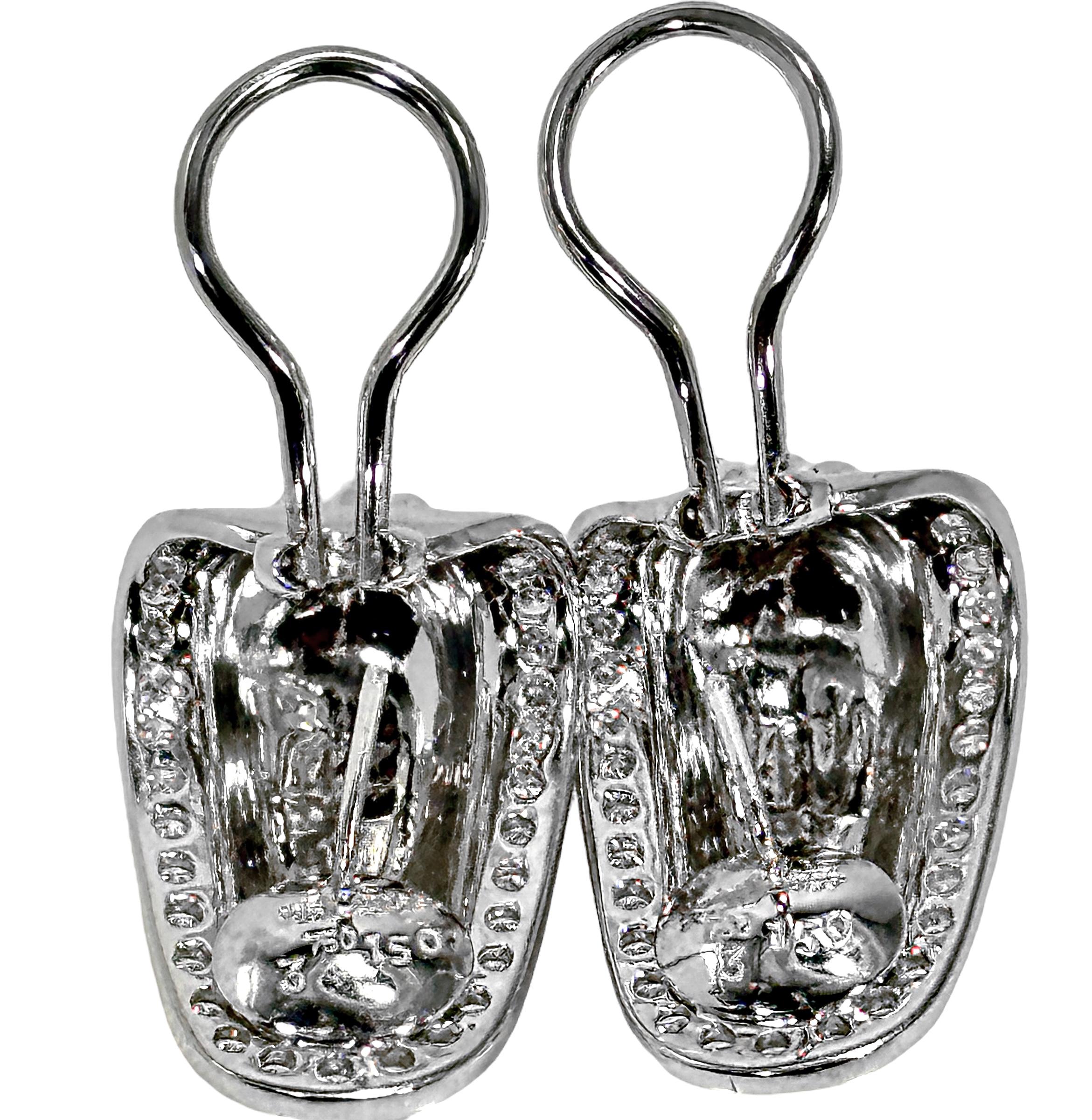 Brilliant Cut Tailored J Hoop Earrings in Fluted 18K White Gold with Diamond Borders For Sale