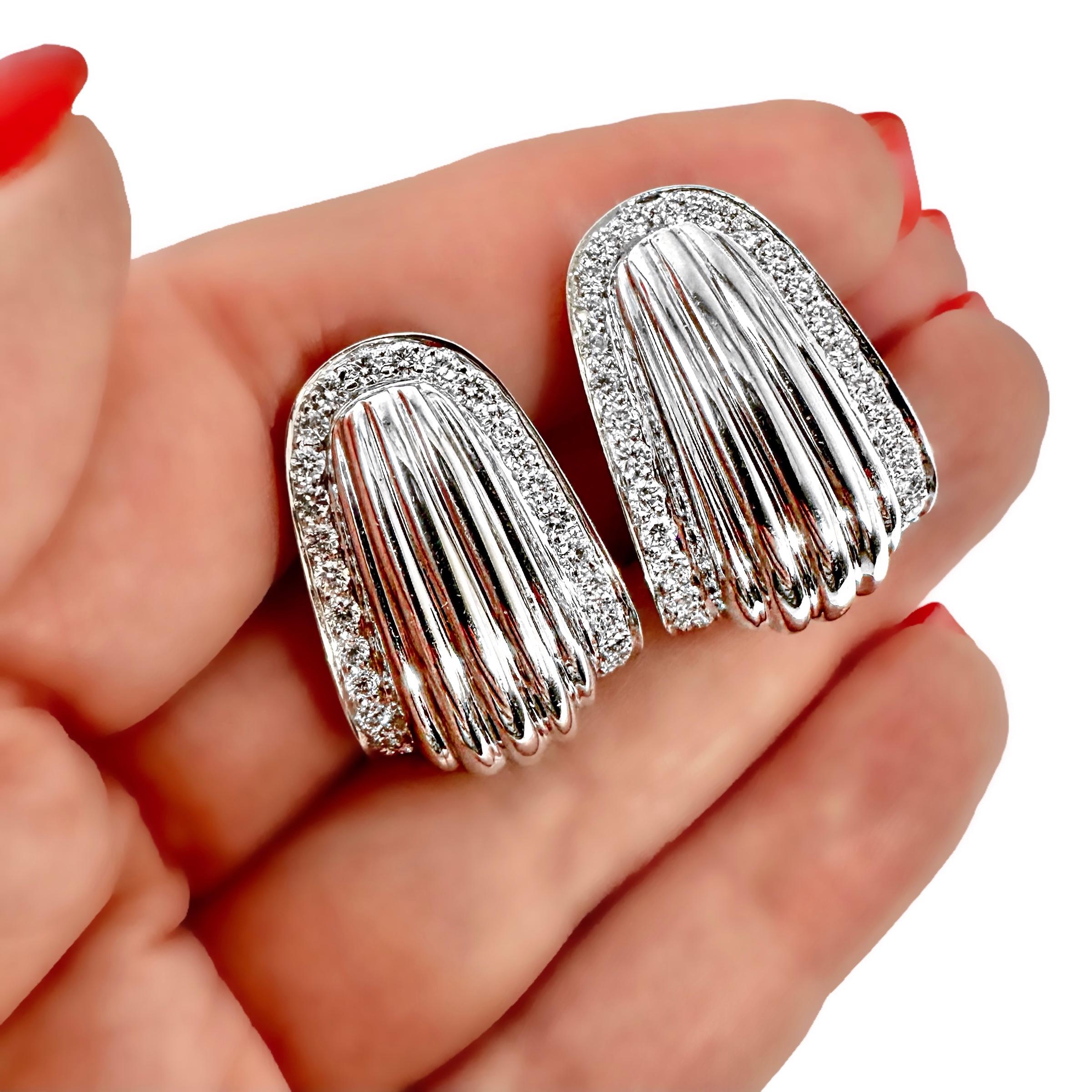 Tailored J Hoop Earrings in Fluted 18K White Gold with Diamond Borders For Sale 3