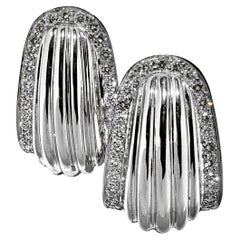 Tailored J Hoop Earrings in Fluted 18K White Gold with Diamond Borders