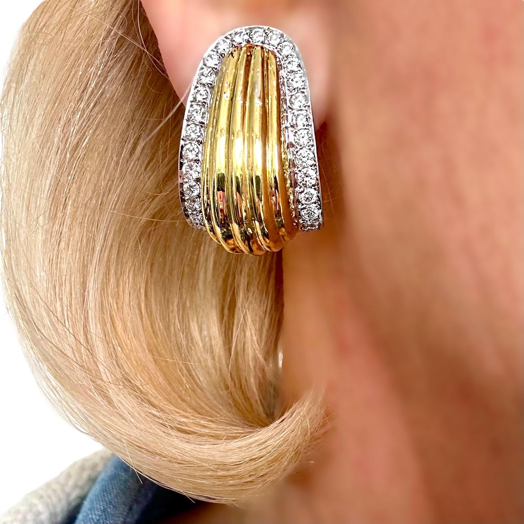 Tailored J Hoop Earrings in Fluted, 18K Yellow Gold with Diamond Borders For Sale 4