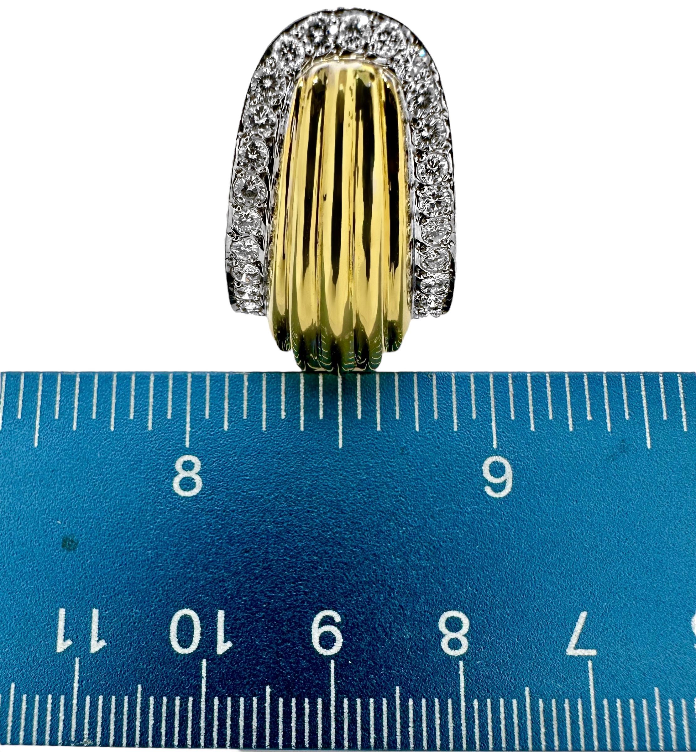 Tailored J Hoop Earrings in Fluted, 18K Yellow Gold with Diamond Borders For Sale 1