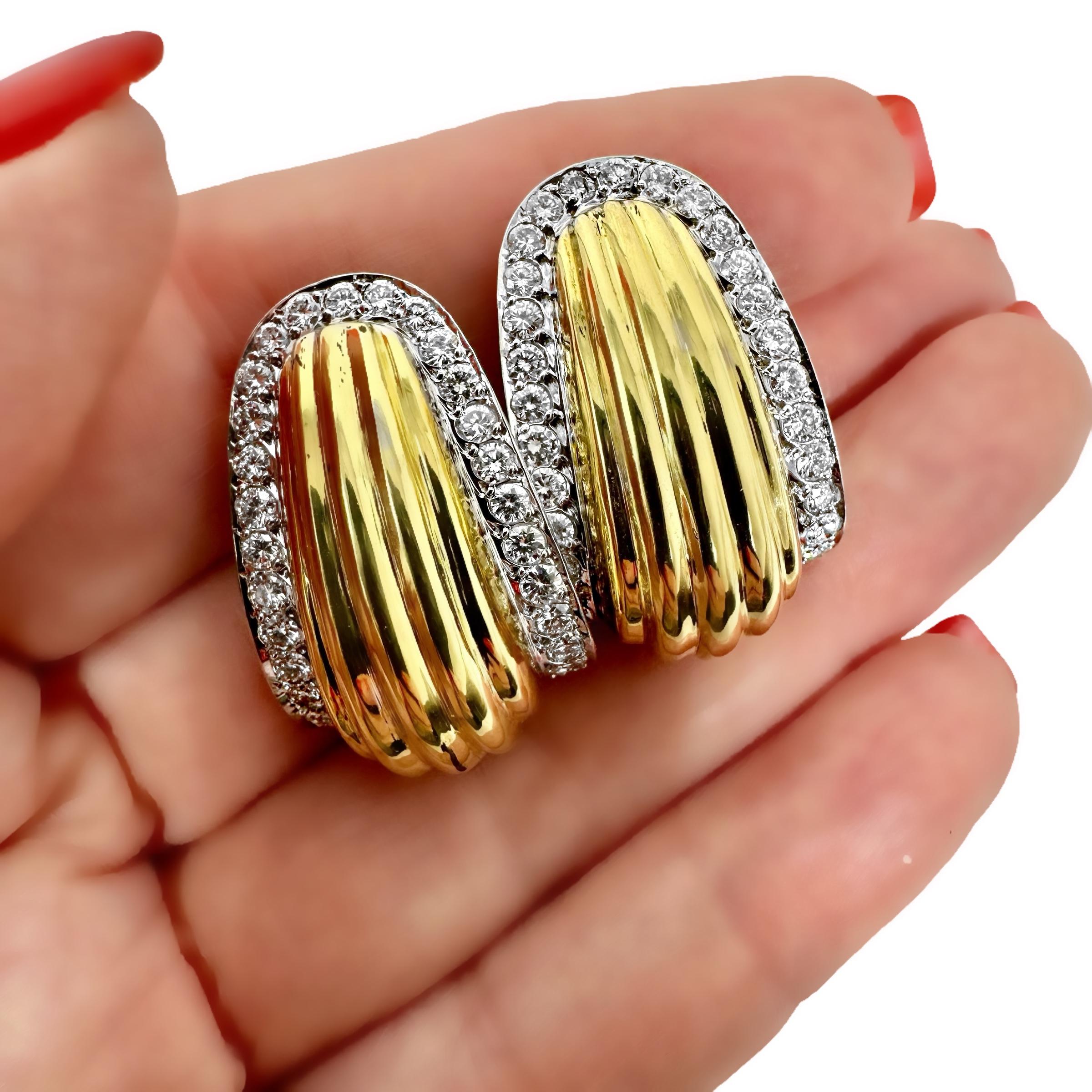 Tailored J Hoop Earrings in Fluted, 18K Yellow Gold with Diamond Borders For Sale 3
