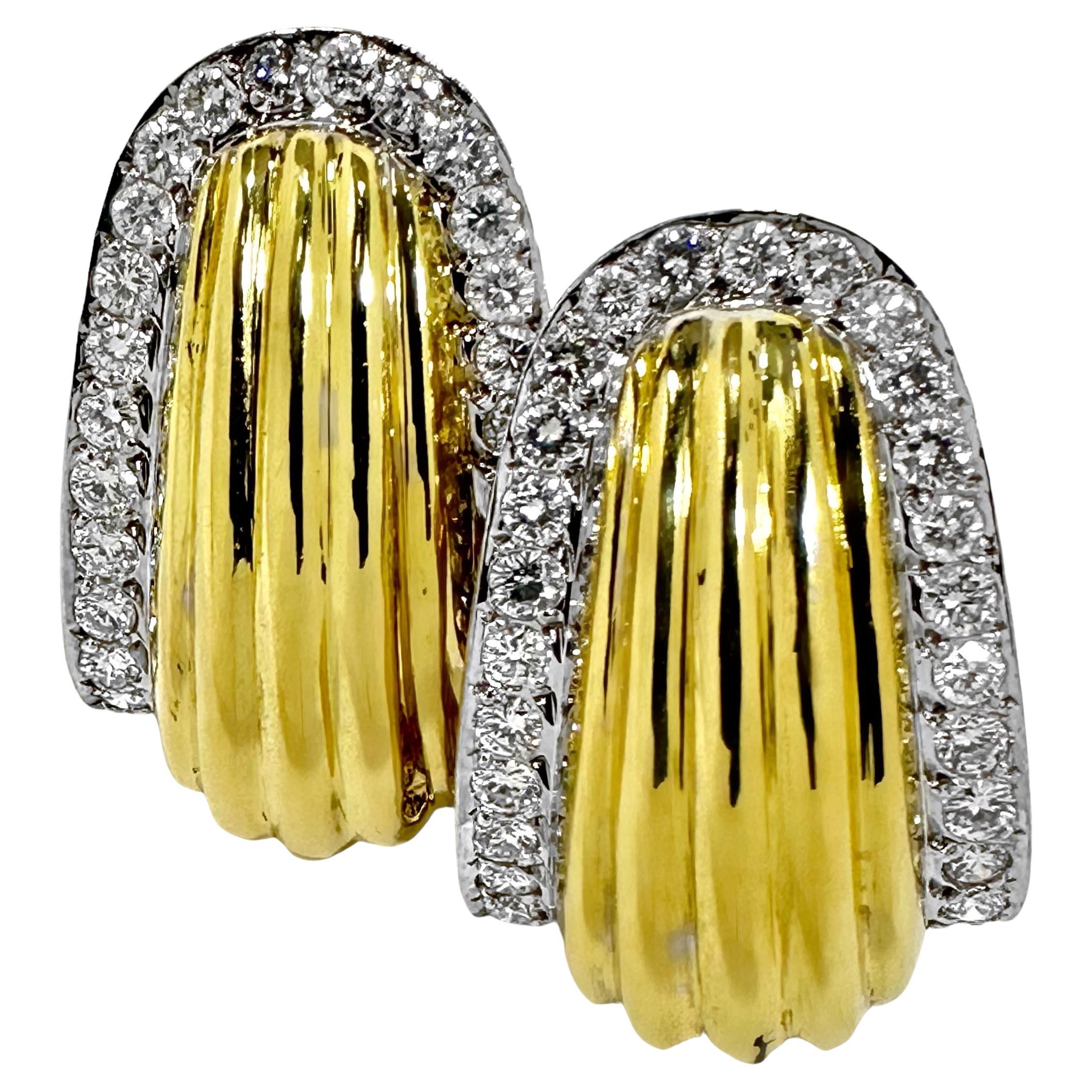 Tailored J Hoop Earrings in Fluted, 18K Yellow Gold with Diamond Borders