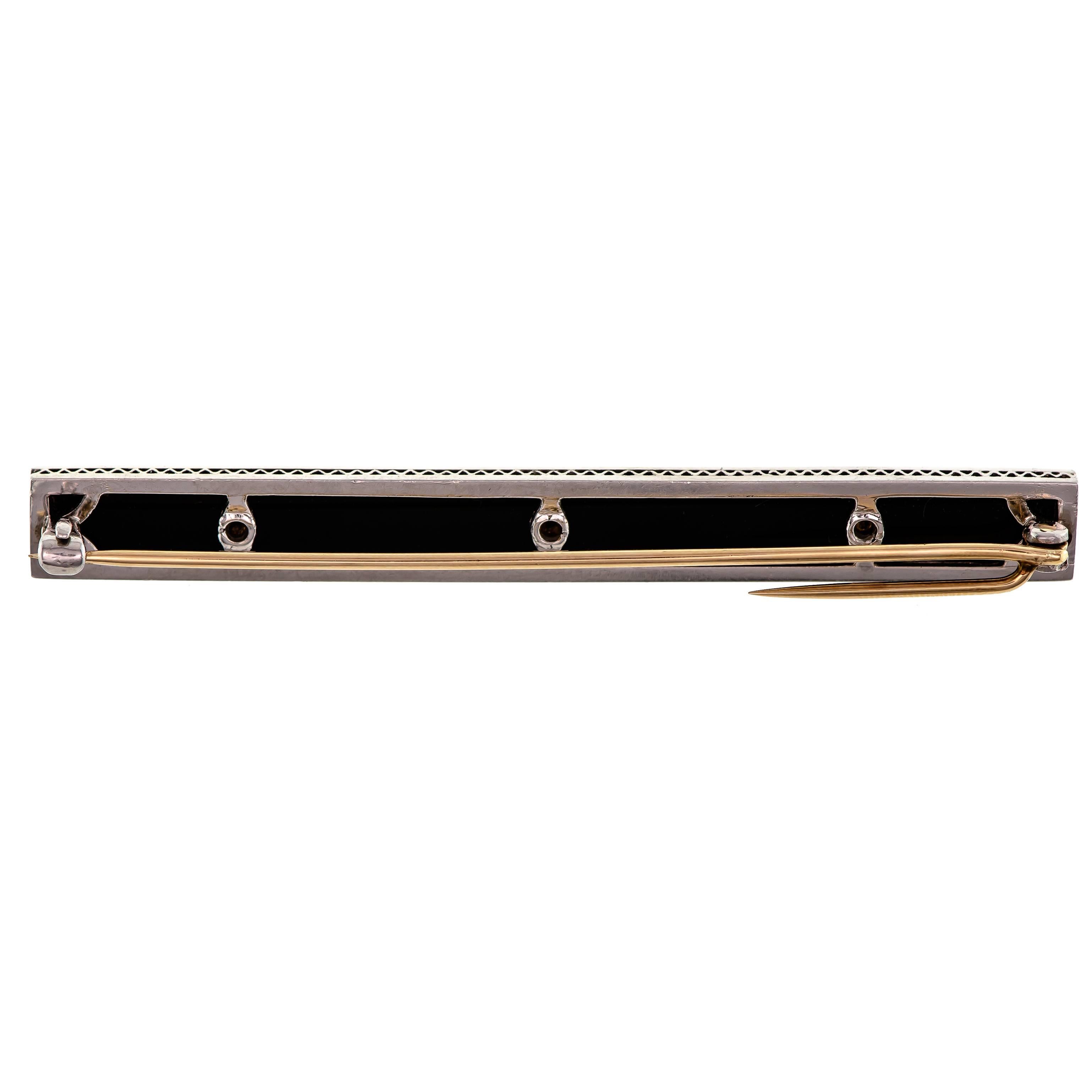 Attractive lady's tailored designed Art Deco Circa 1920 platinum diamond pearl and black onyx bar pin set with 18 small single cut diamonds, 3 pearls into a black onyx rectangular shaped plaque open pierced work sides - ball hinge, safety catch,