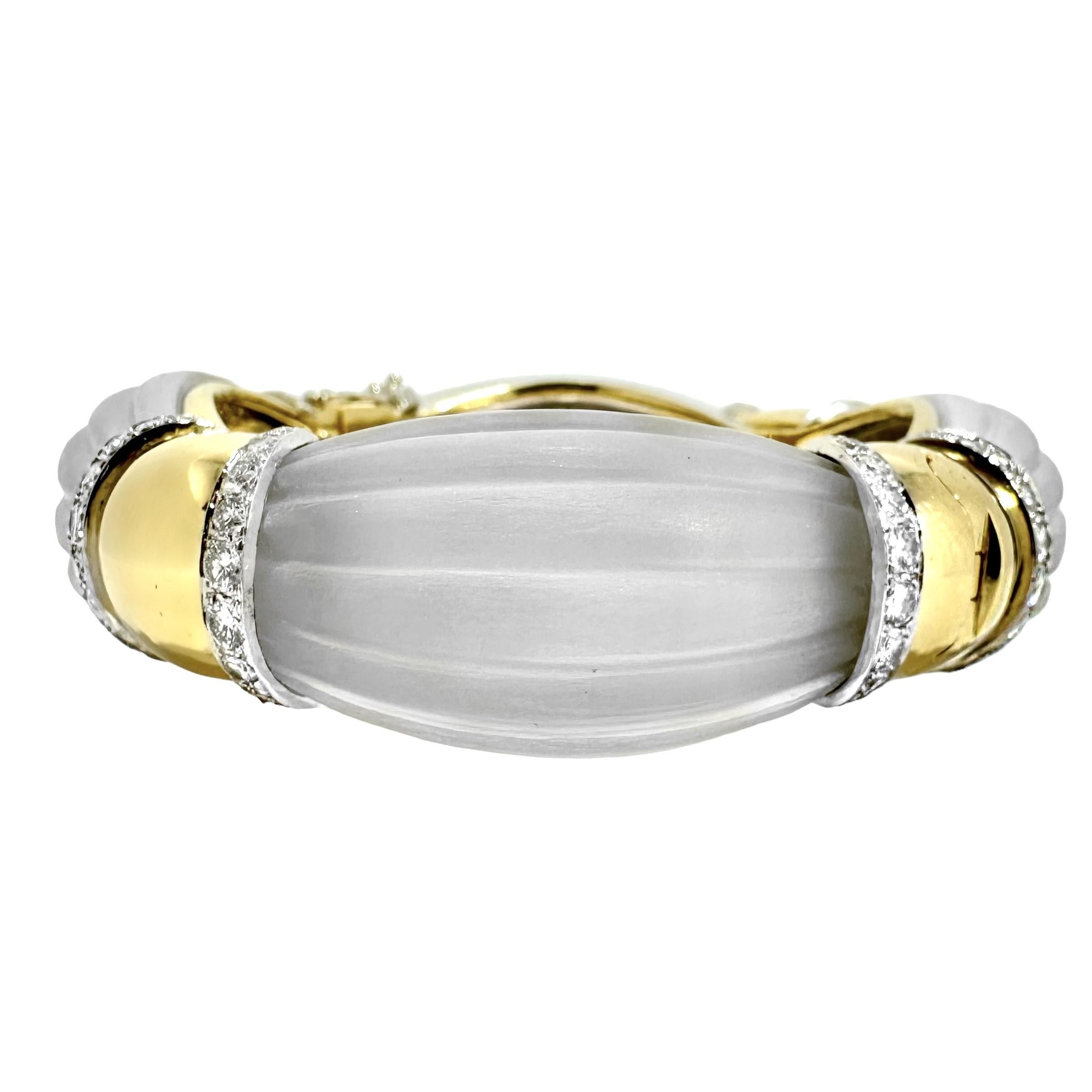 Modern Tailored Mid-20th Century 18k Gold Bangle with Frosted Rock Crystal and Diamonds For Sale