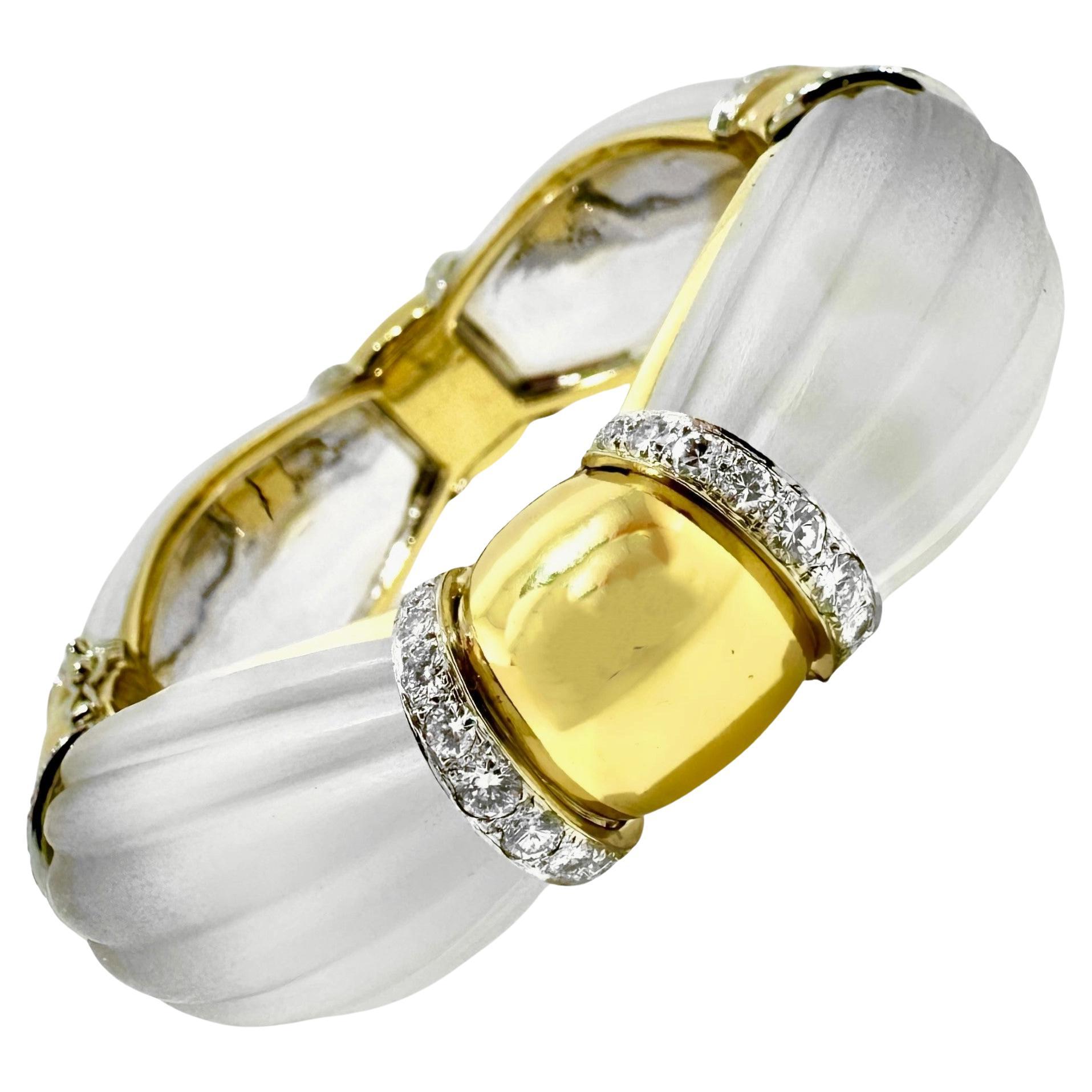 Tailored Mid-20th Century 18k Gold Bangle with Frosted Rock Crystal and Diamonds For Sale