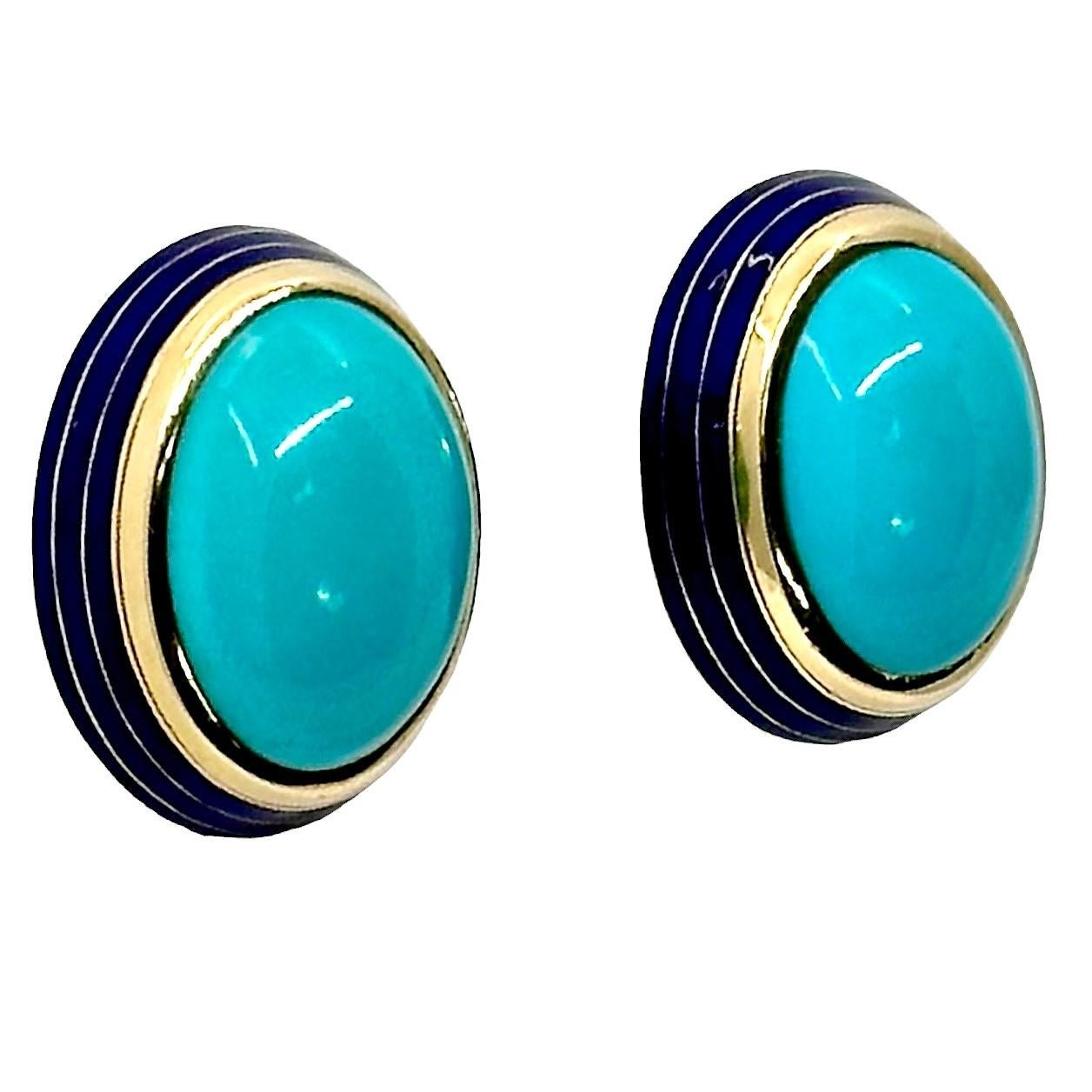 Modern Tailored, Mid-20th Century 18K Yellow Gold, Turquoise and Blue Enamel Earrings For Sale