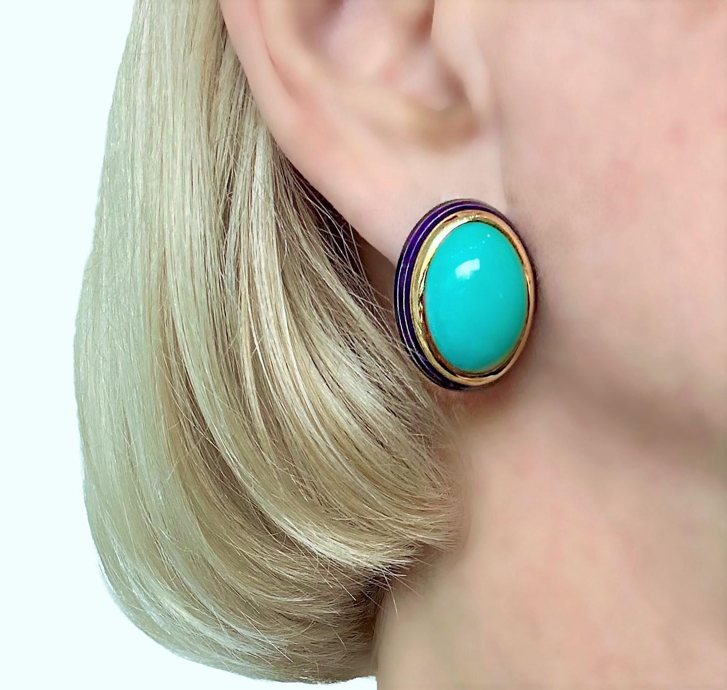 Women's Tailored, Mid-20th Century 18K Yellow Gold, Turquoise and Blue Enamel Earrings For Sale