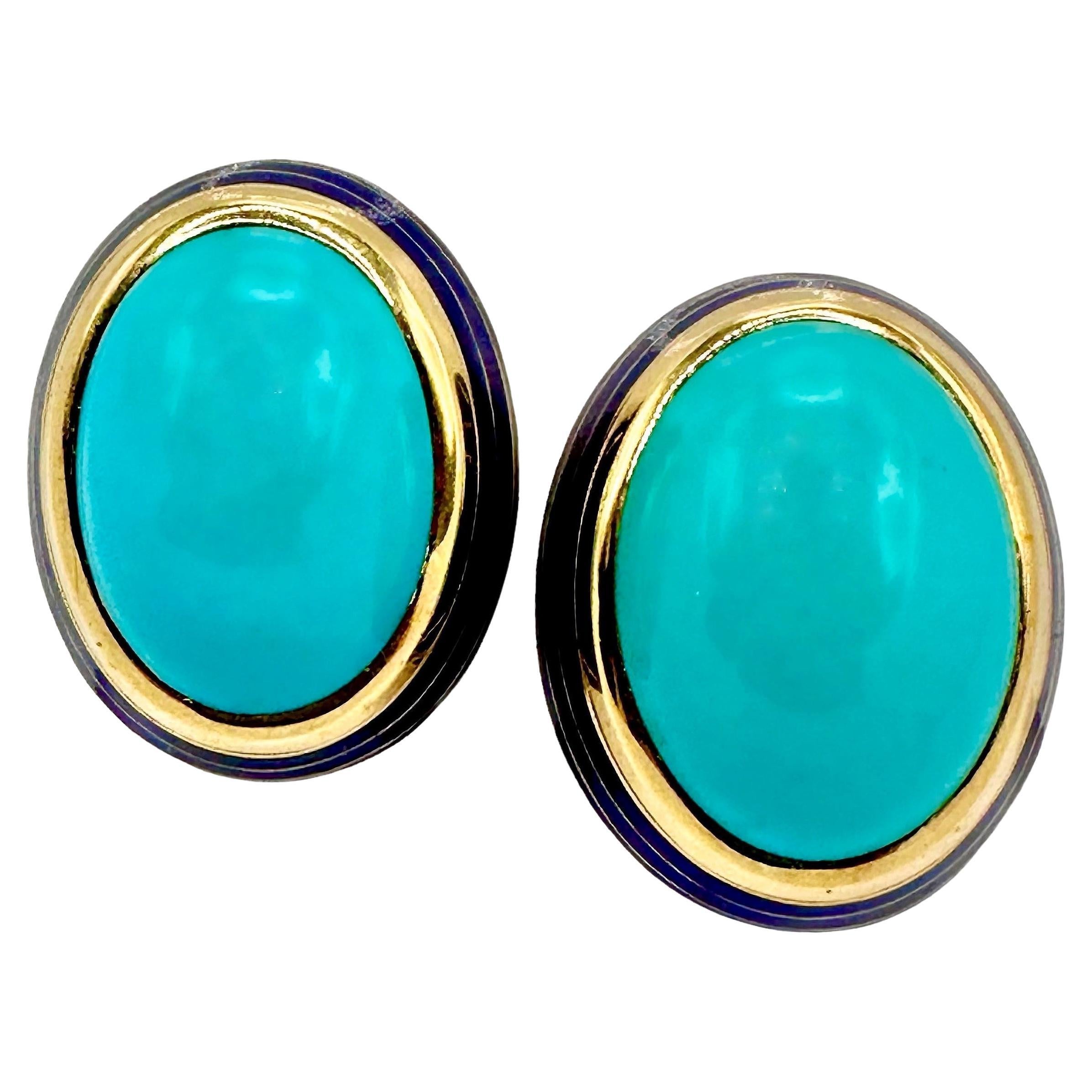 Tailored, Mid-20th Century 18K Yellow Gold, Turquoise and Blue Enamel Earrings For Sale