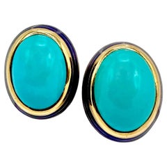 Tailored, Mid-20th Century 18K Yellow Gold, Turquoise and Blue Enamel Earrings