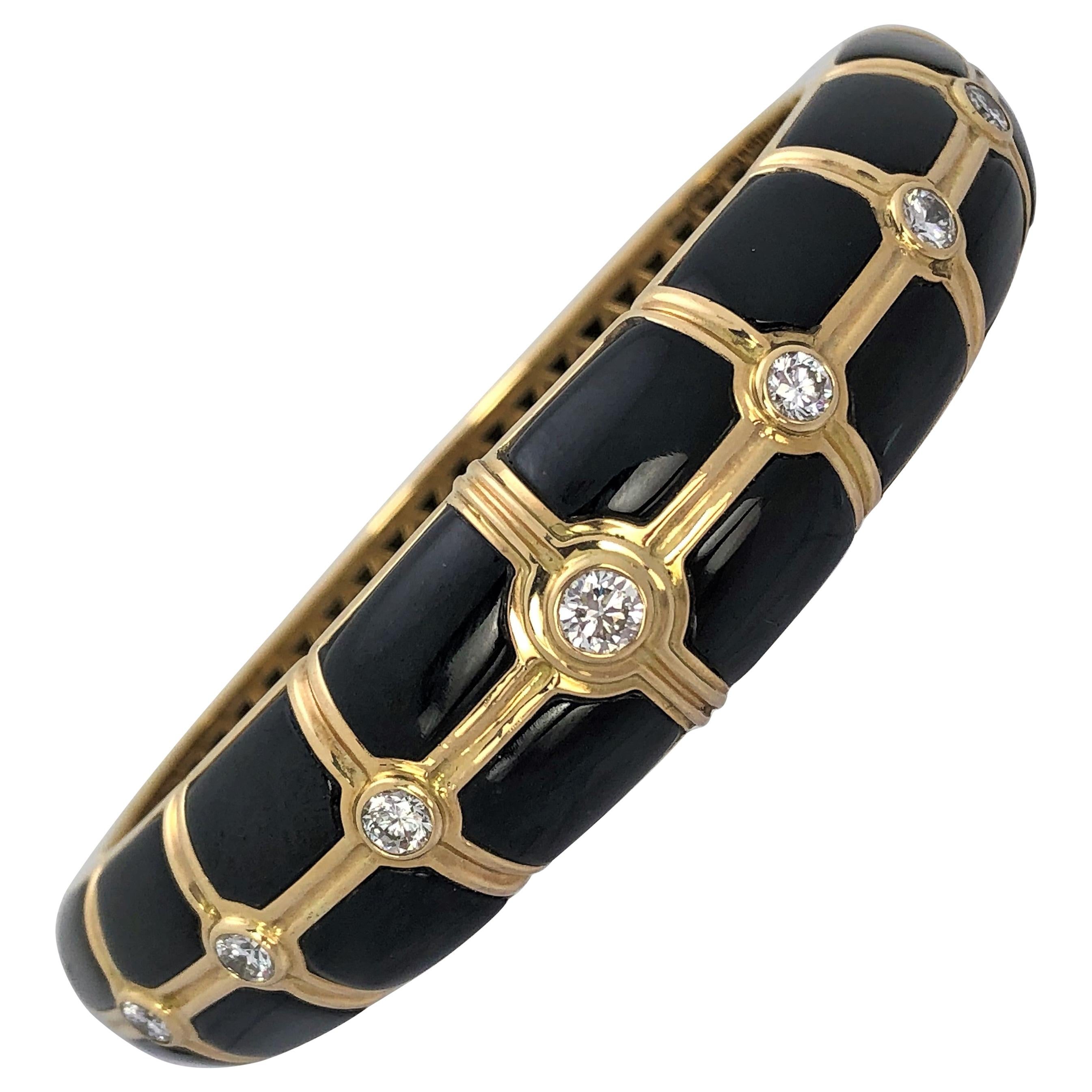 Tailored Onyx, Gold and Diamond Bangle for a Large Wrist Size For Sale