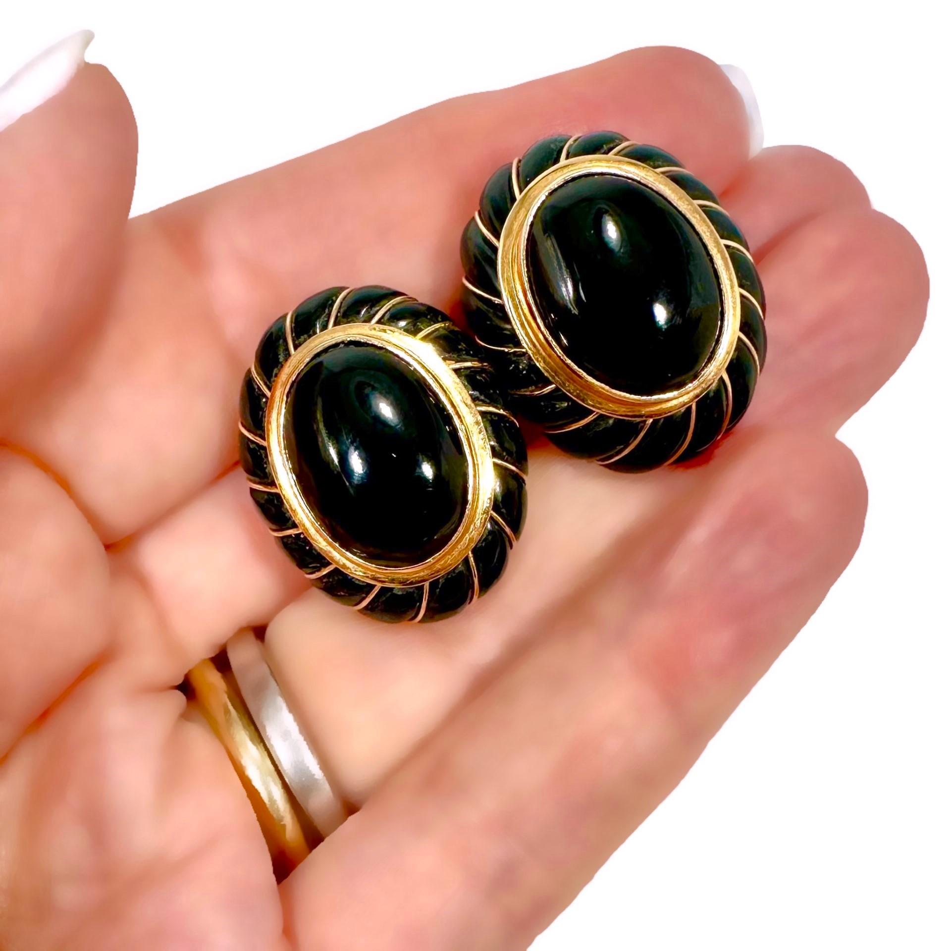 Women's Tailored, Vintage 14K Gold and Black Onyx Oval Shaped Earrings by Designer Maz