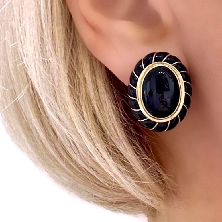 Tailored, Vintage 14K Gold and Black Onyx Oval Shaped Earrings by Designer Maz 1