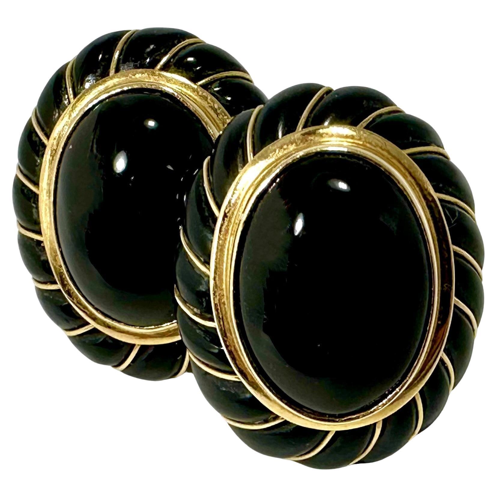 Maßgeschneiderte, ovale Vintage-Ohrringe aus 14 Karat Gold und schwarzem Onyx von Designer Maz