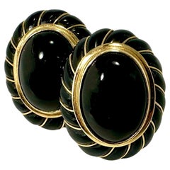 Tailoring, boucles d'oreilles vintage en or 14K et onyx noir de forme ovale par le designer Maz