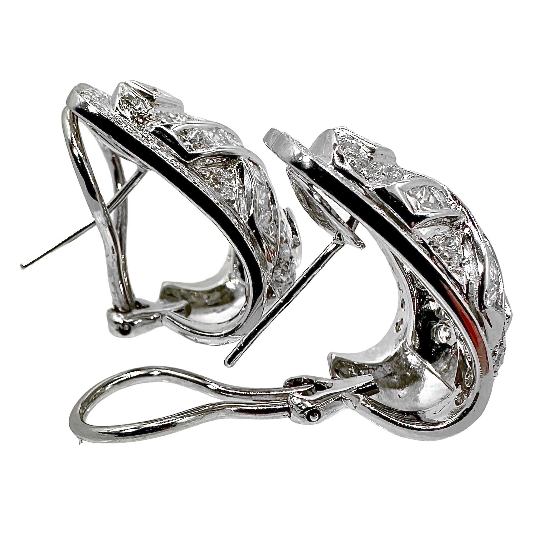Modern Tailored Vintage 18K White Gold Diamond Encrusted Bombe J Hoop Earrings For Sale