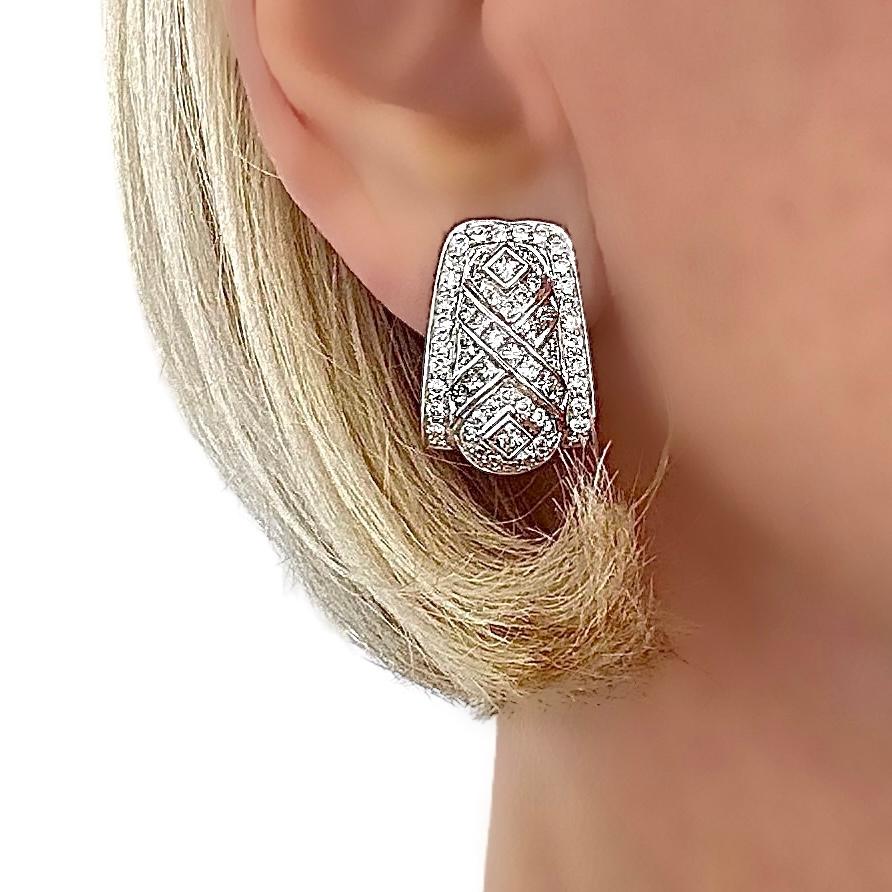 Tailored Vintage 18K White Gold Diamond Encrusted Bombe J Hoop Earrings For Sale 1