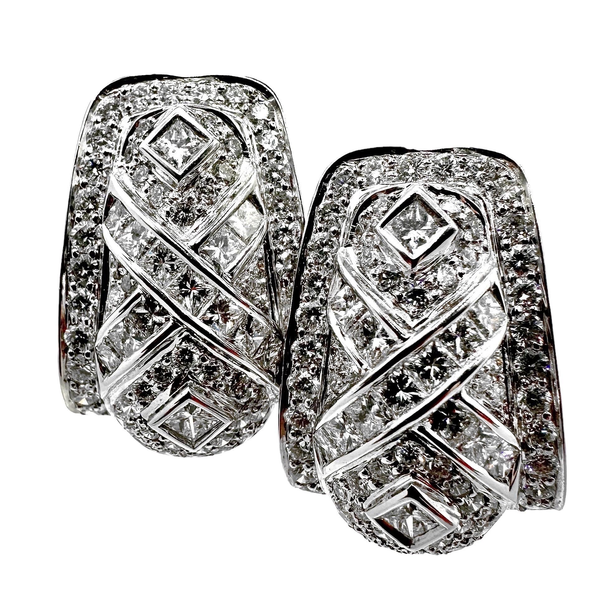 Tailored Vintage 18K White Gold Diamond Encrusted Bombe J Hoop Earrings