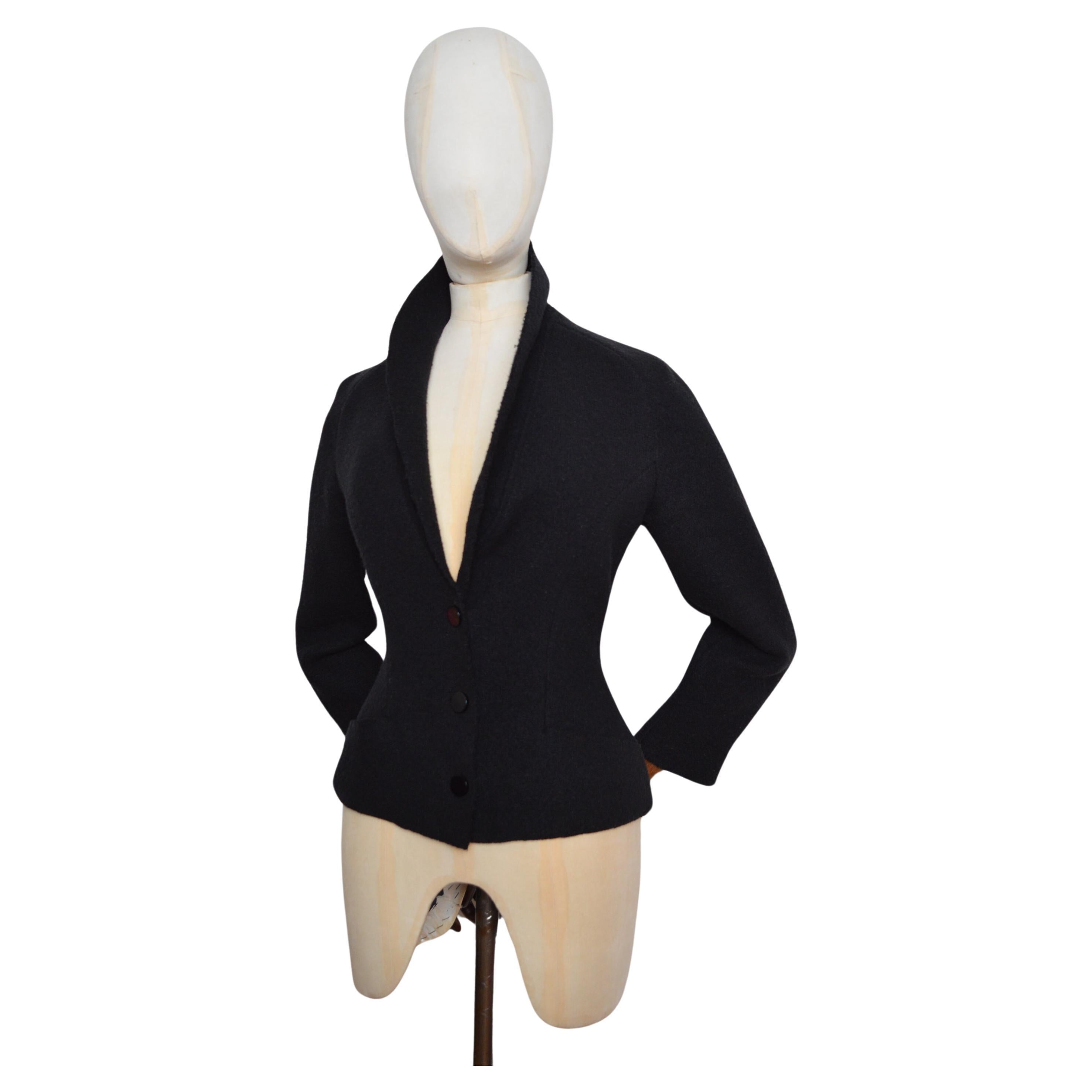 Tailored Vintage Thierry Mugler Pure Wool Sculpted Knit Black Blazer Jacket For Sale