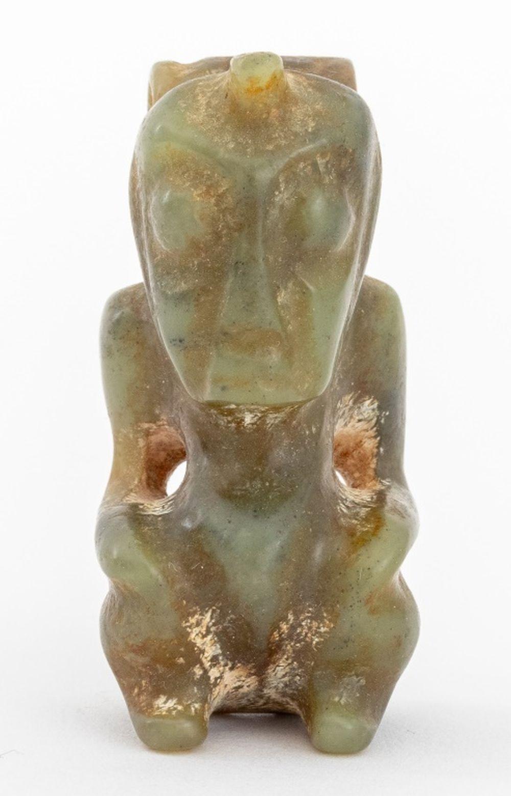 Taino Pre-Columbian Carved Jade Kneeling Figure Zemi Pendant. 2.25