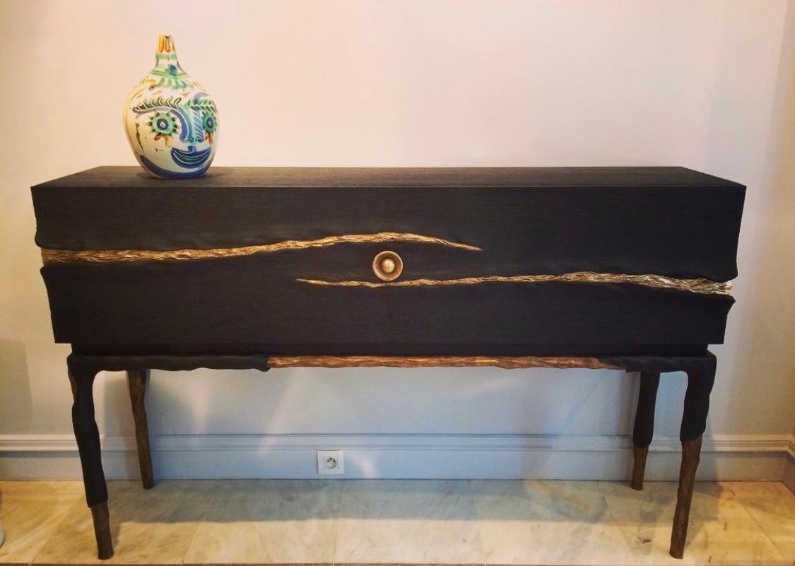 Tainted Oak and Carved and Gilded Bronze Cabinet by Hoon Moreau 2