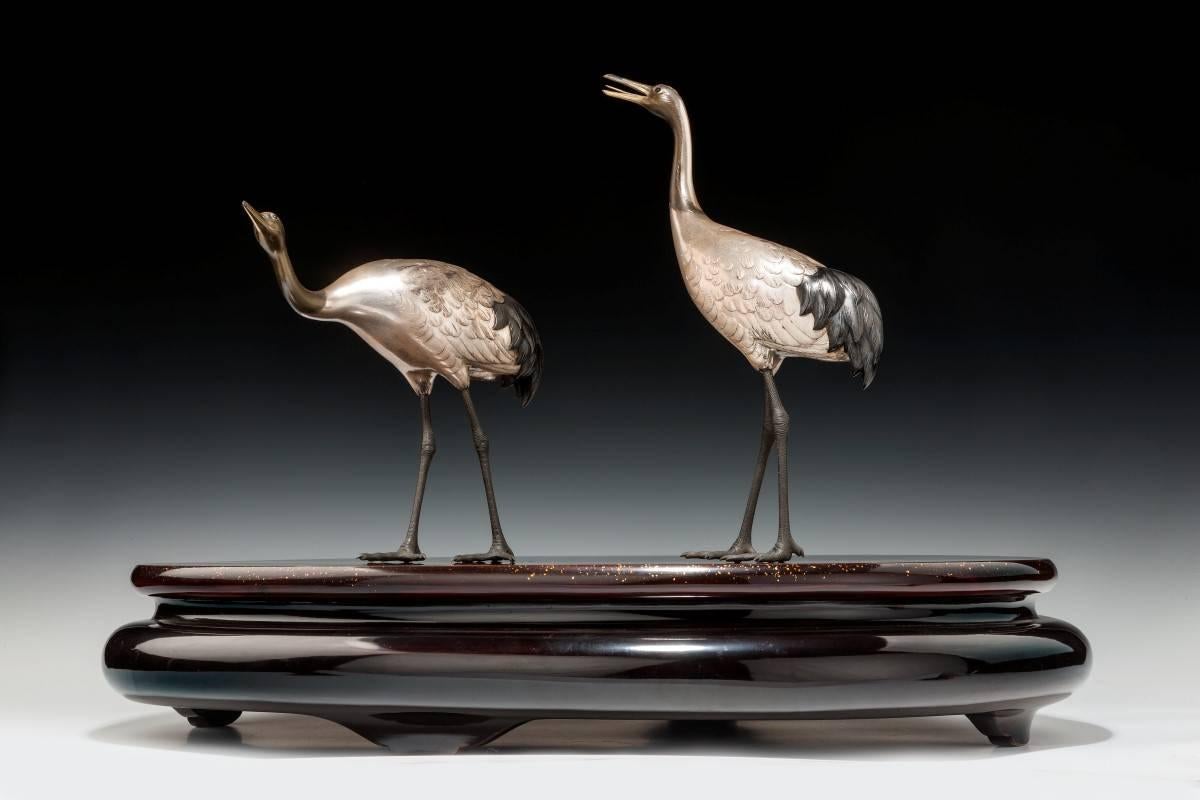 Taisho period silvered bronze storks stood upon original lacquer base. With original presentation boxes. Max height incl base 16 1/4