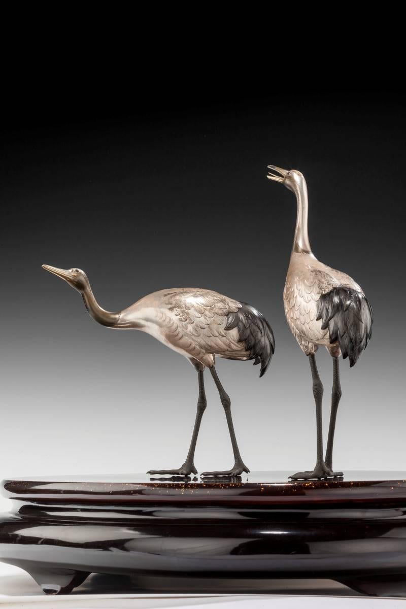 Japanese Taishō ‬Period Silvered Bronze Storks