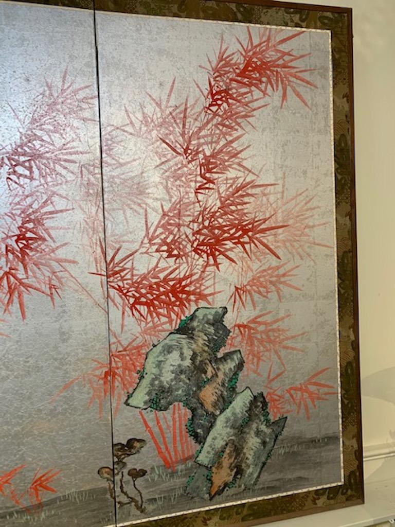 Silvered Taisho 2-Panel Red Bamboo Screen For Sale