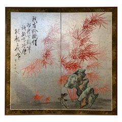 Antique Taisho 2-Panel Red Bamboo Screen