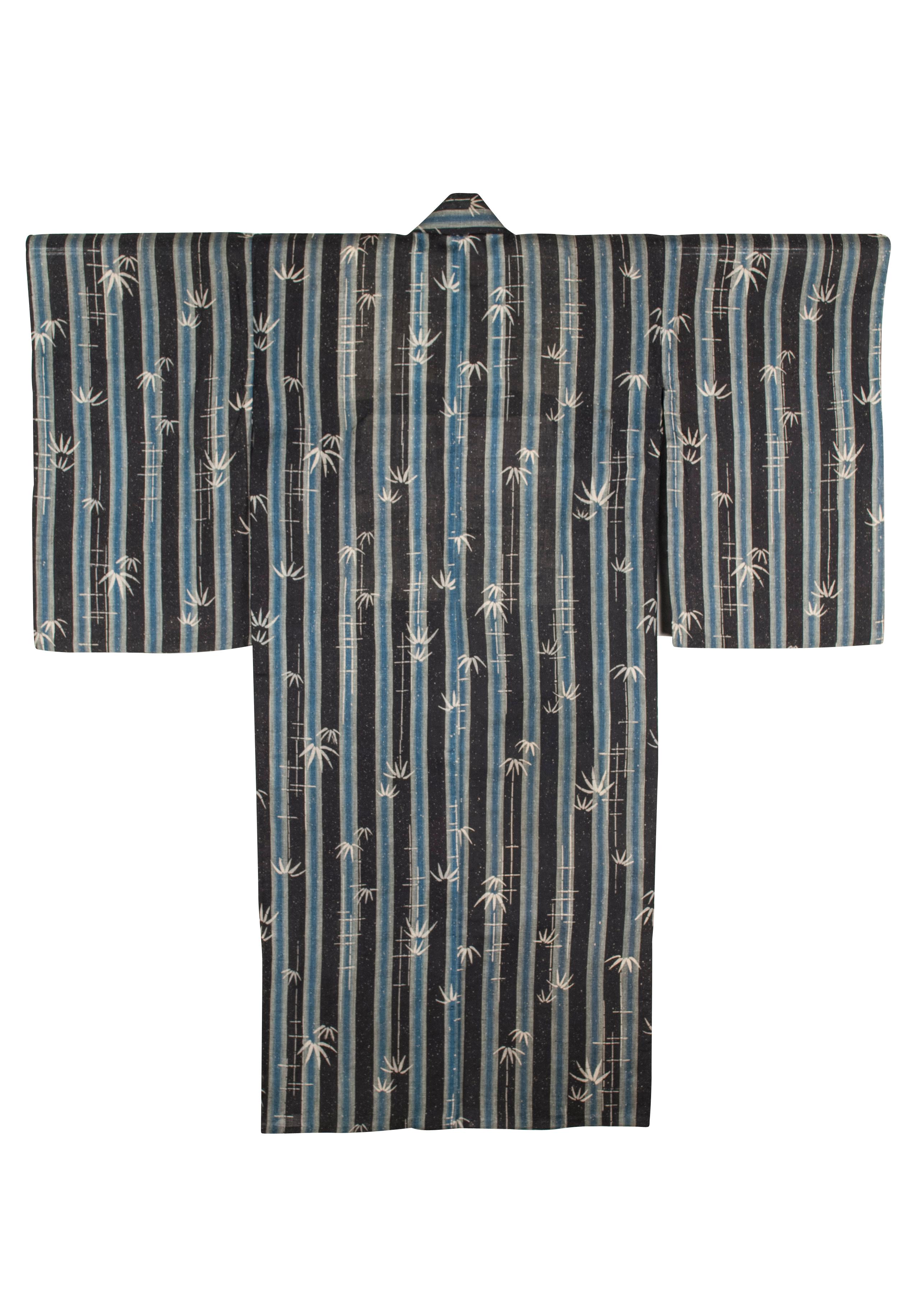 Kimono d'été japonais teint au pochoir à motif de bambou de la période Taisho-Early Showa