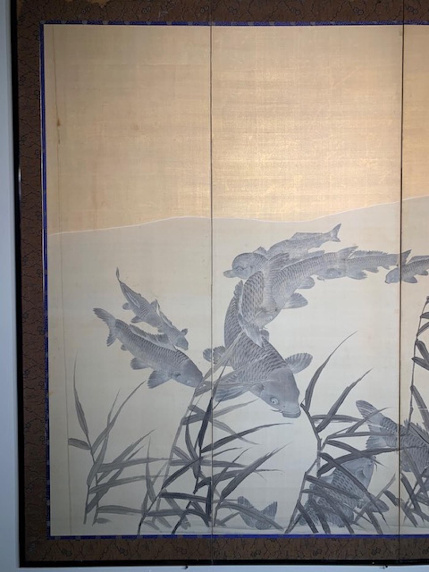 Japanese Taisho Period, '1912-1926' Four-Panel Koi Screen For Sale