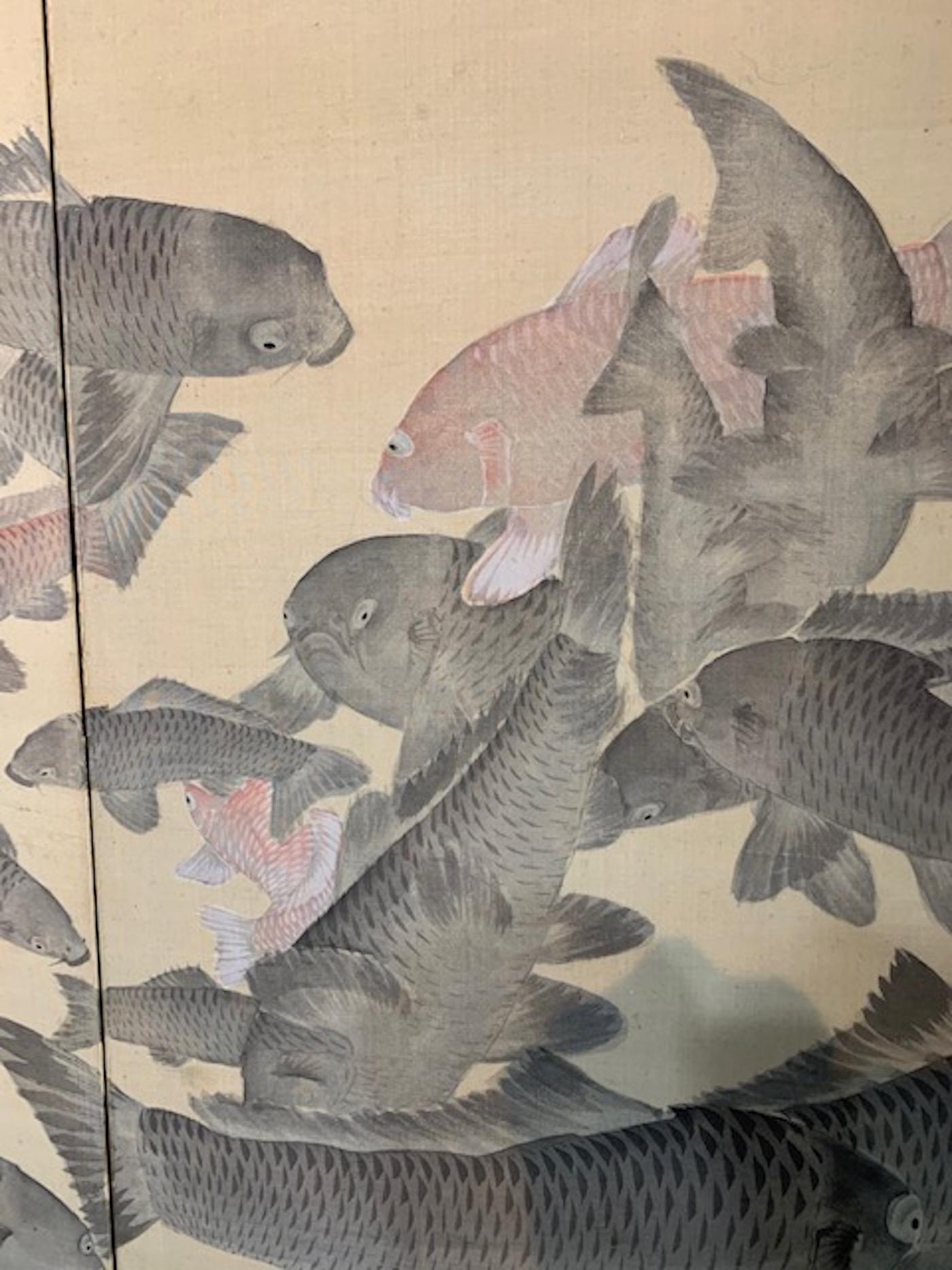 Brushed Taisho Period, '1912-1926' Four-Panel Koi Screen For Sale