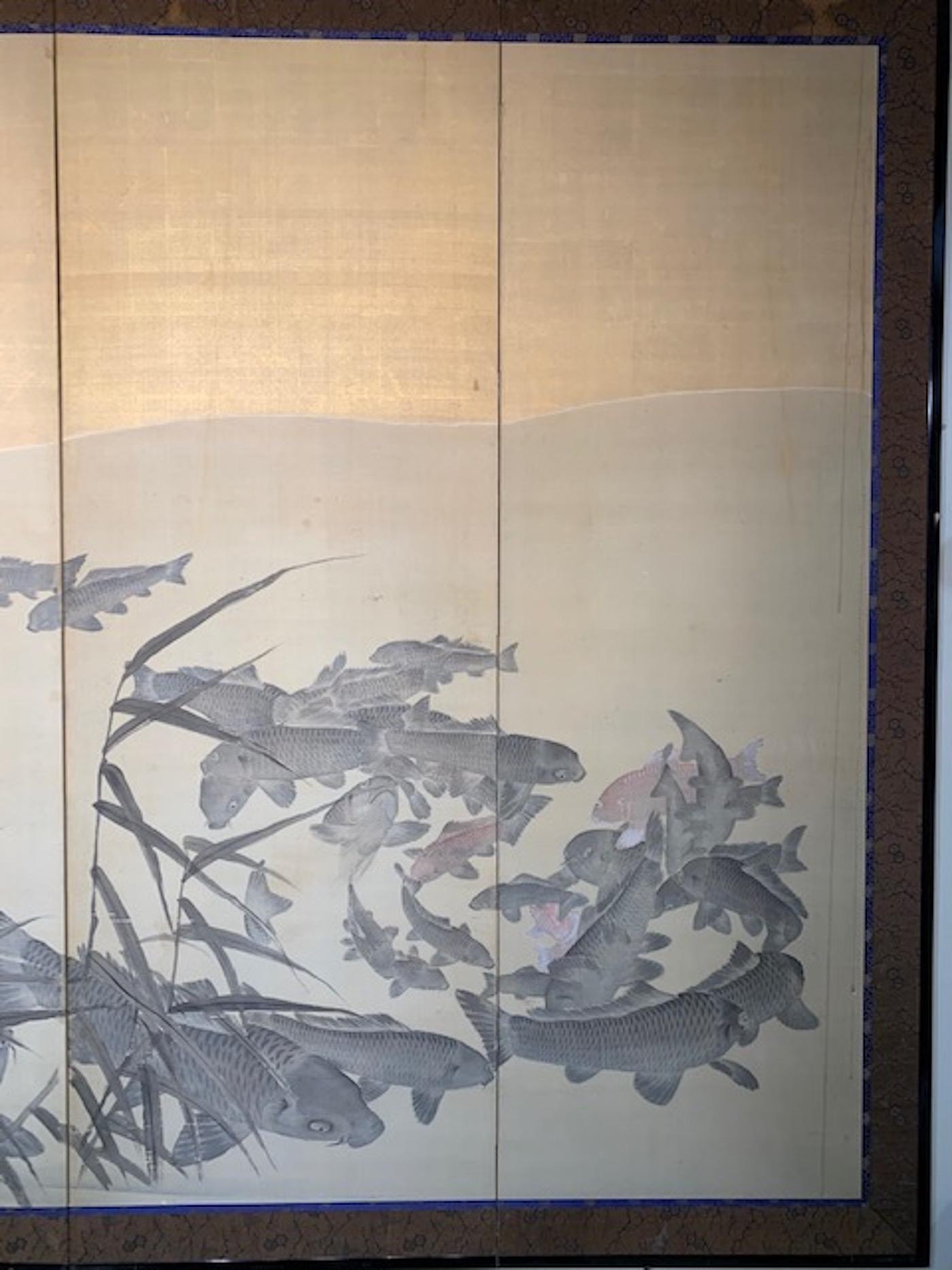 Taisho Period, '1912-1926' Four-Panel Koi Screen In Good Condition For Sale In Stockbridge, MA