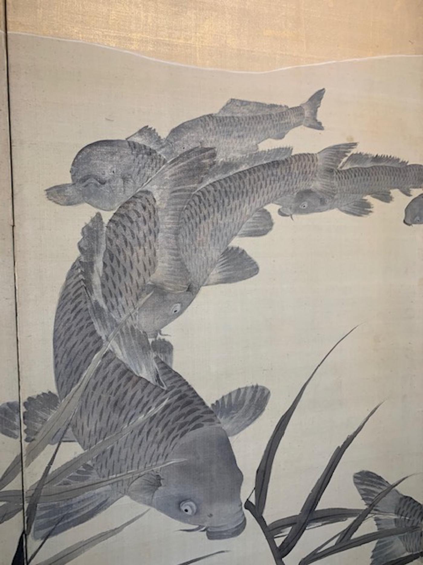 Taisho Period, '1912-1926' Four-Panel Koi Screen For Sale 1