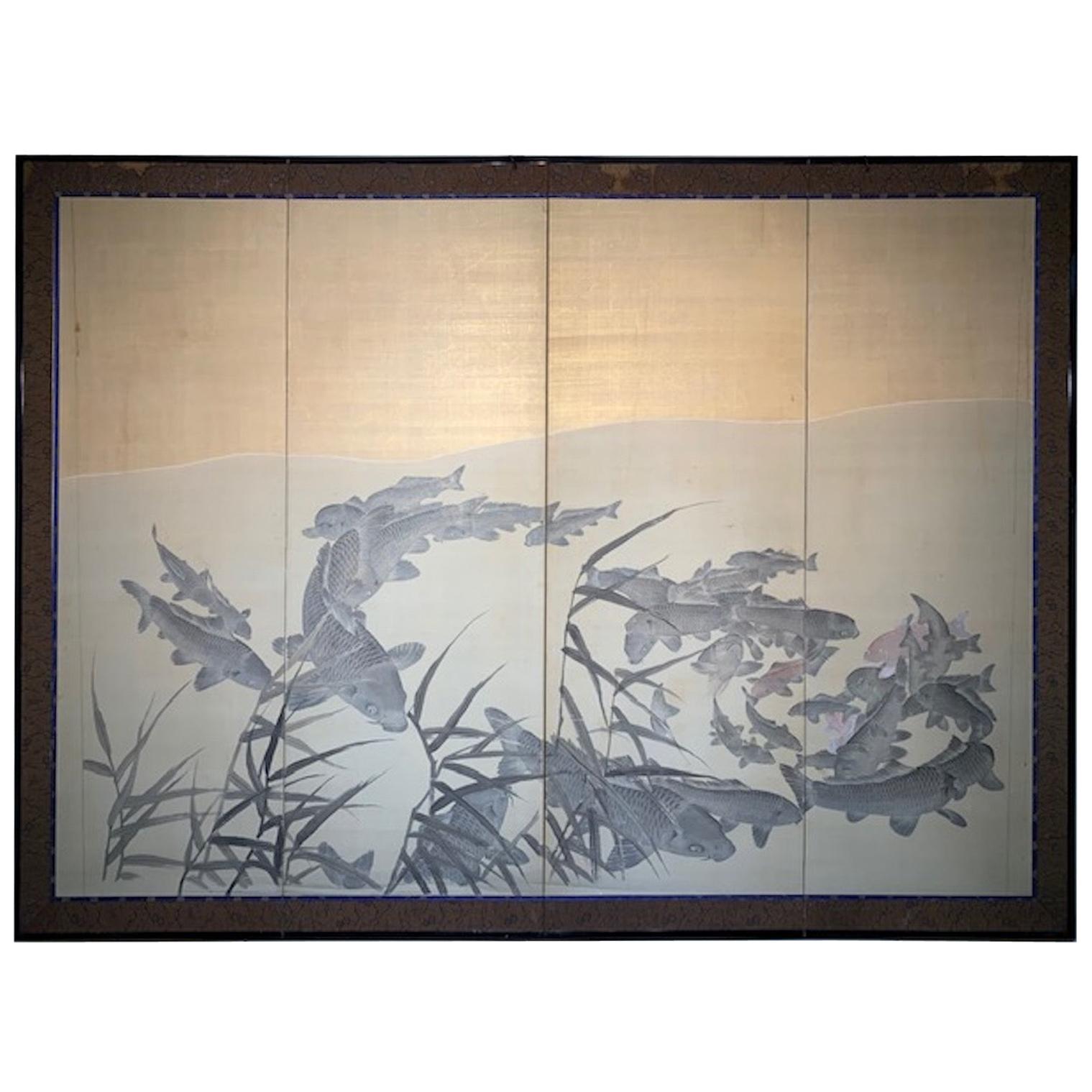 Taisho Period, '1912-1926' Four-Panel Koi Screen For Sale