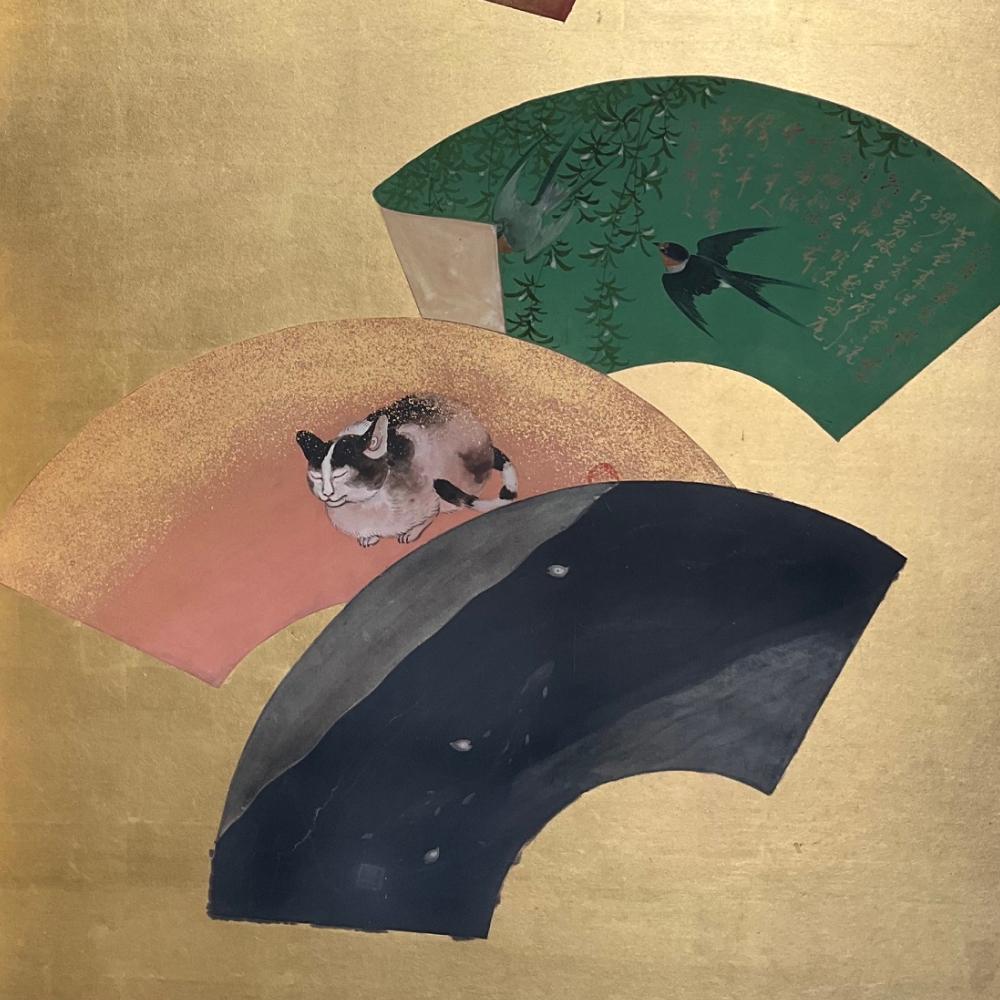 Japanese Taisho Period Golden Screen with Fans