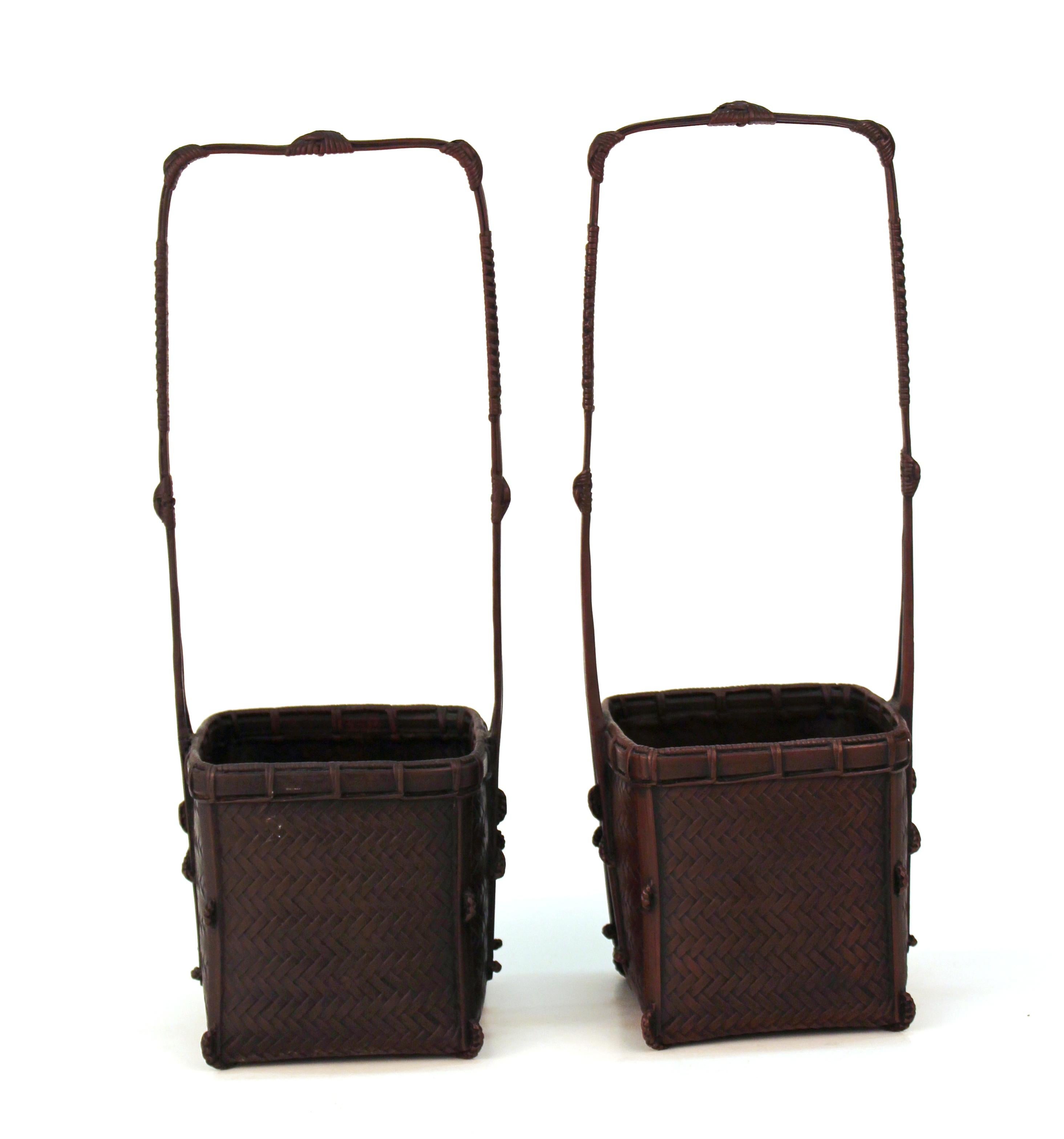 Early 20th Century Taisho Period Japanese Ikebana Baskets in Bronze