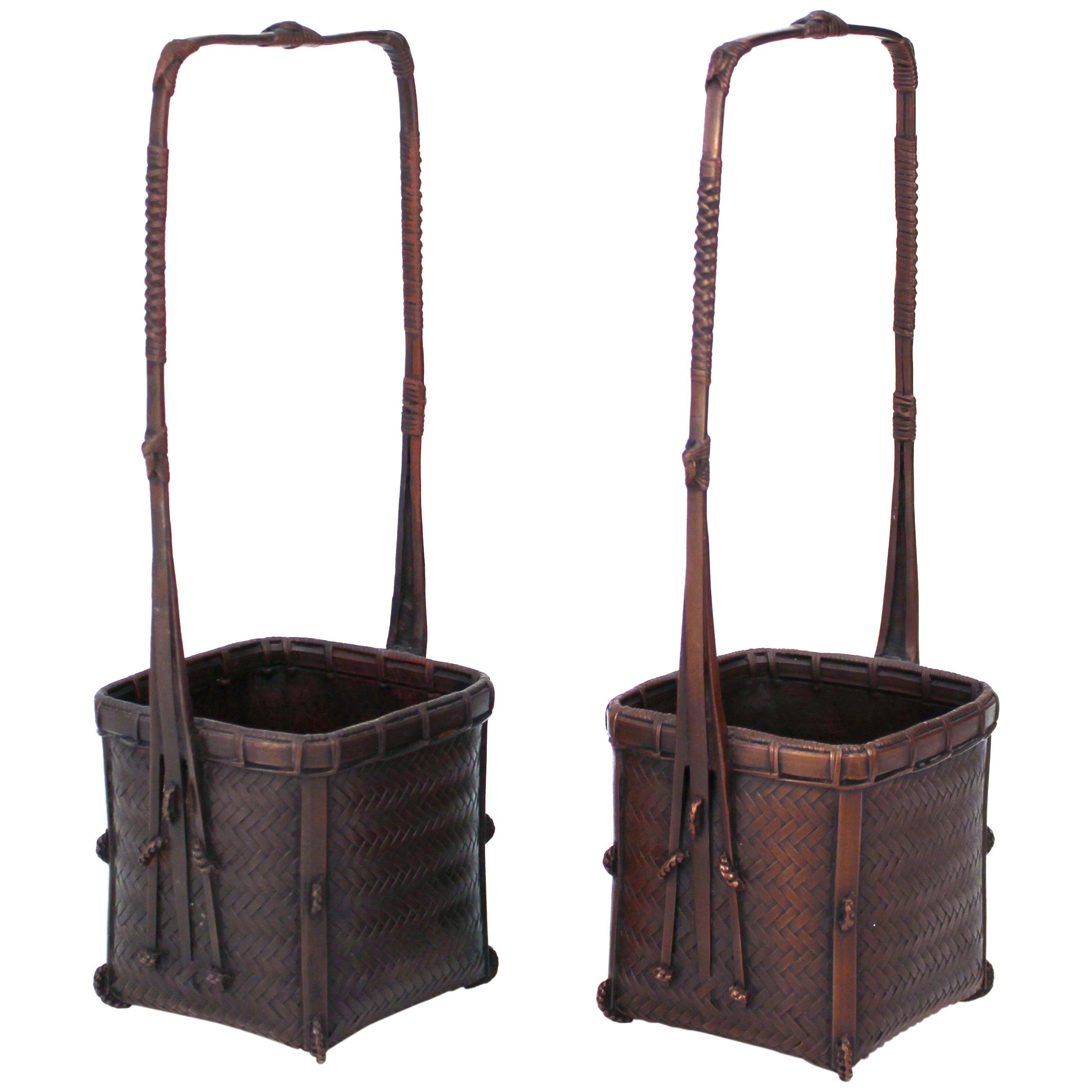 Taisho Period Japanese Ikebana Baskets in Bronze