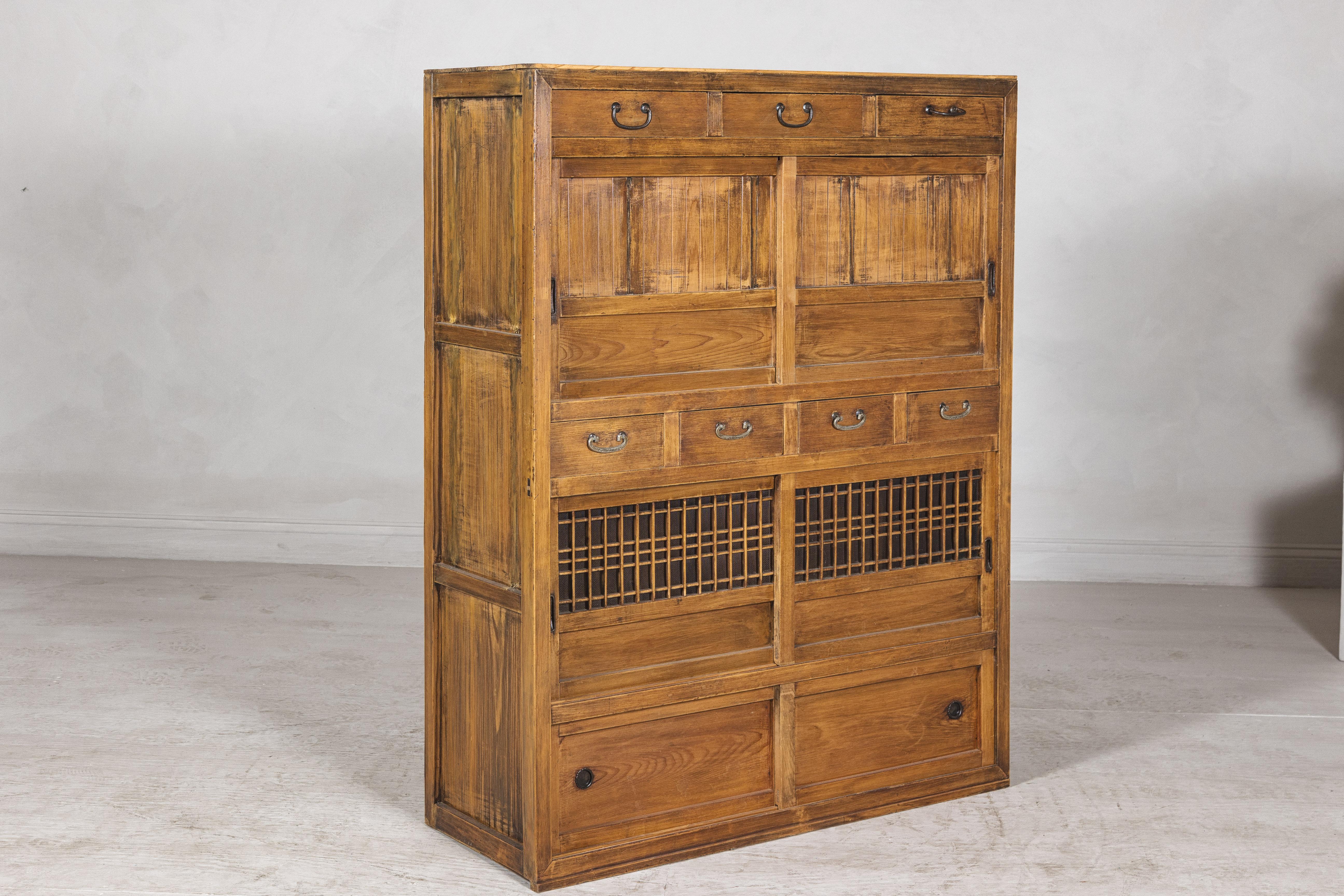 Taishō Period Japanese Mizuya Tansu Kitchen Chest in Sugi Wood with Sliding Door For Sale 5