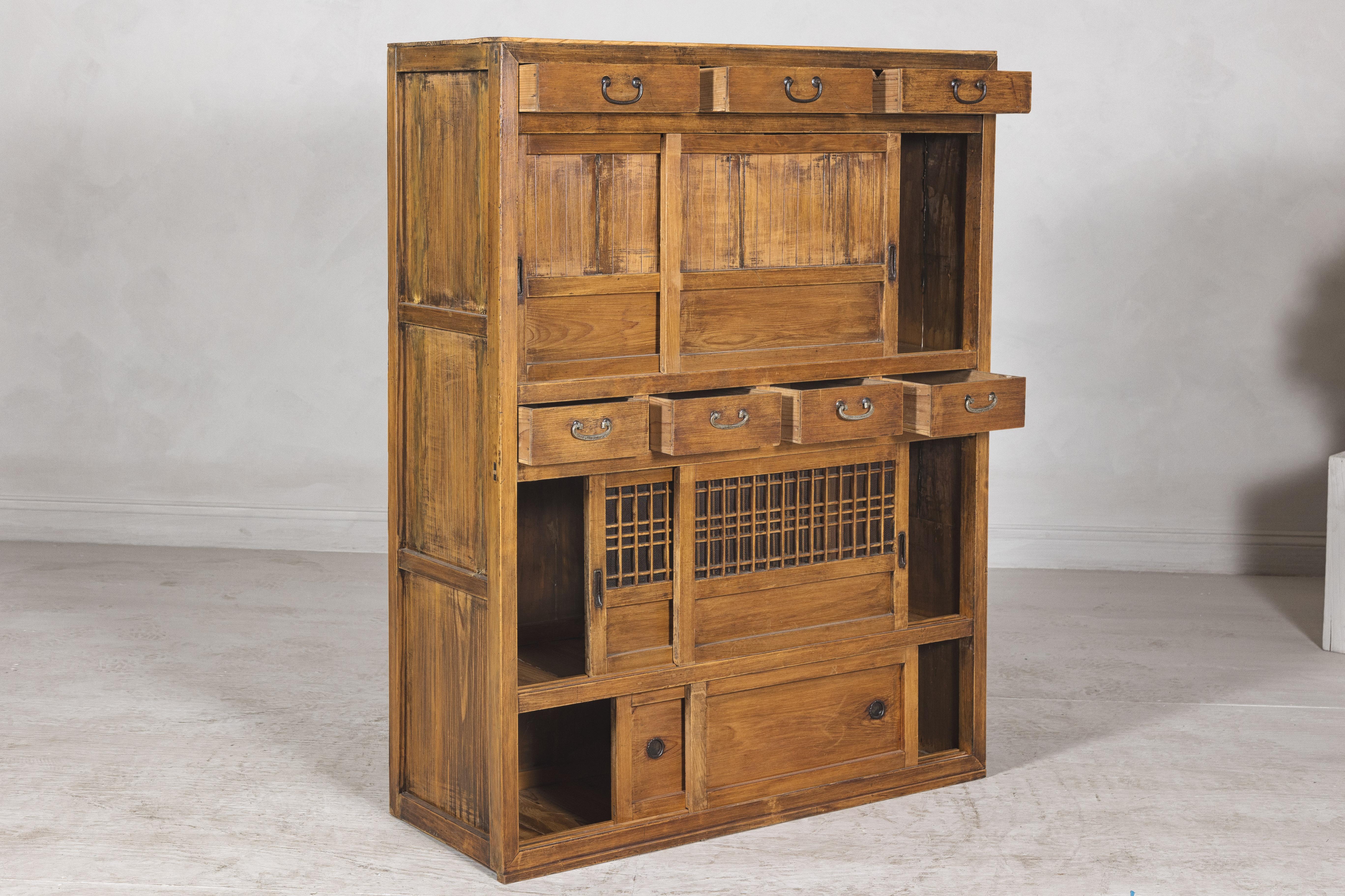 Taishō Period Japanese Mizuya Tansu Kitchen Chest in Sugi Wood with Sliding Door For Sale 6