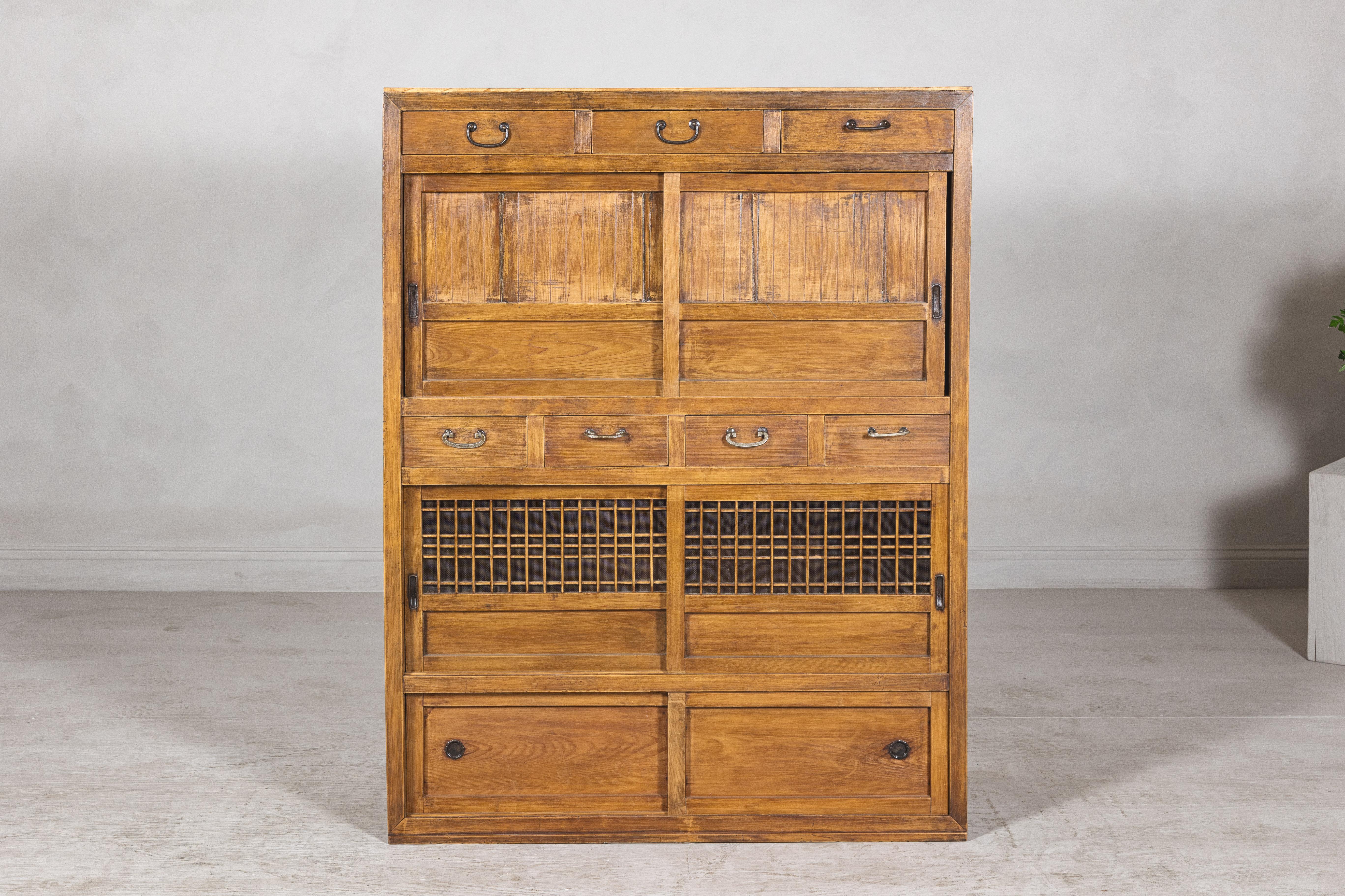 Taishō Period Japanese Mizuya Tansu Kitchen Chest in Sugi Wood with Sliding Door For Sale 10