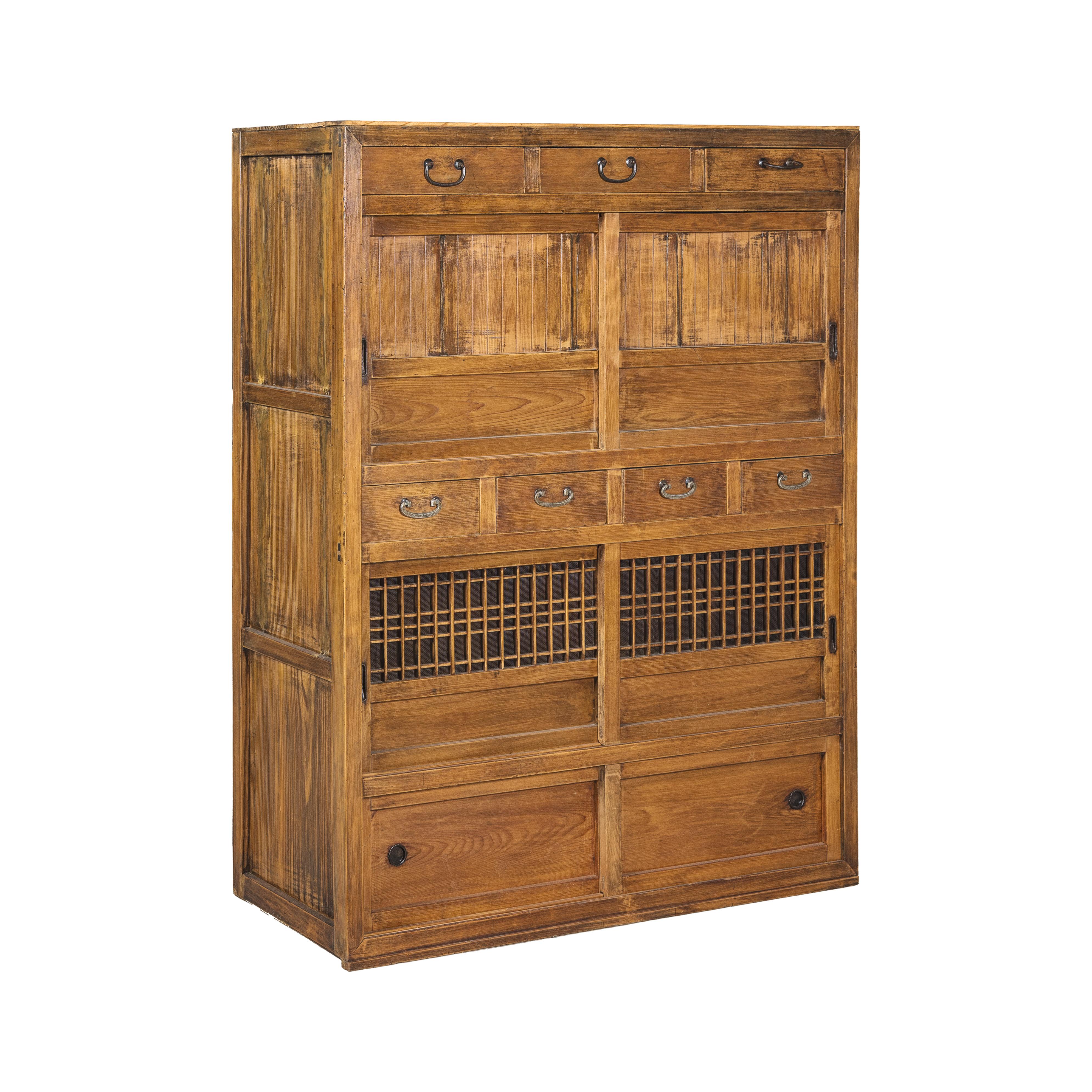 Taishō Period Japanese Mizuya Tansu Kitchen Chest in Sugi Wood with Sliding Door For Sale 11