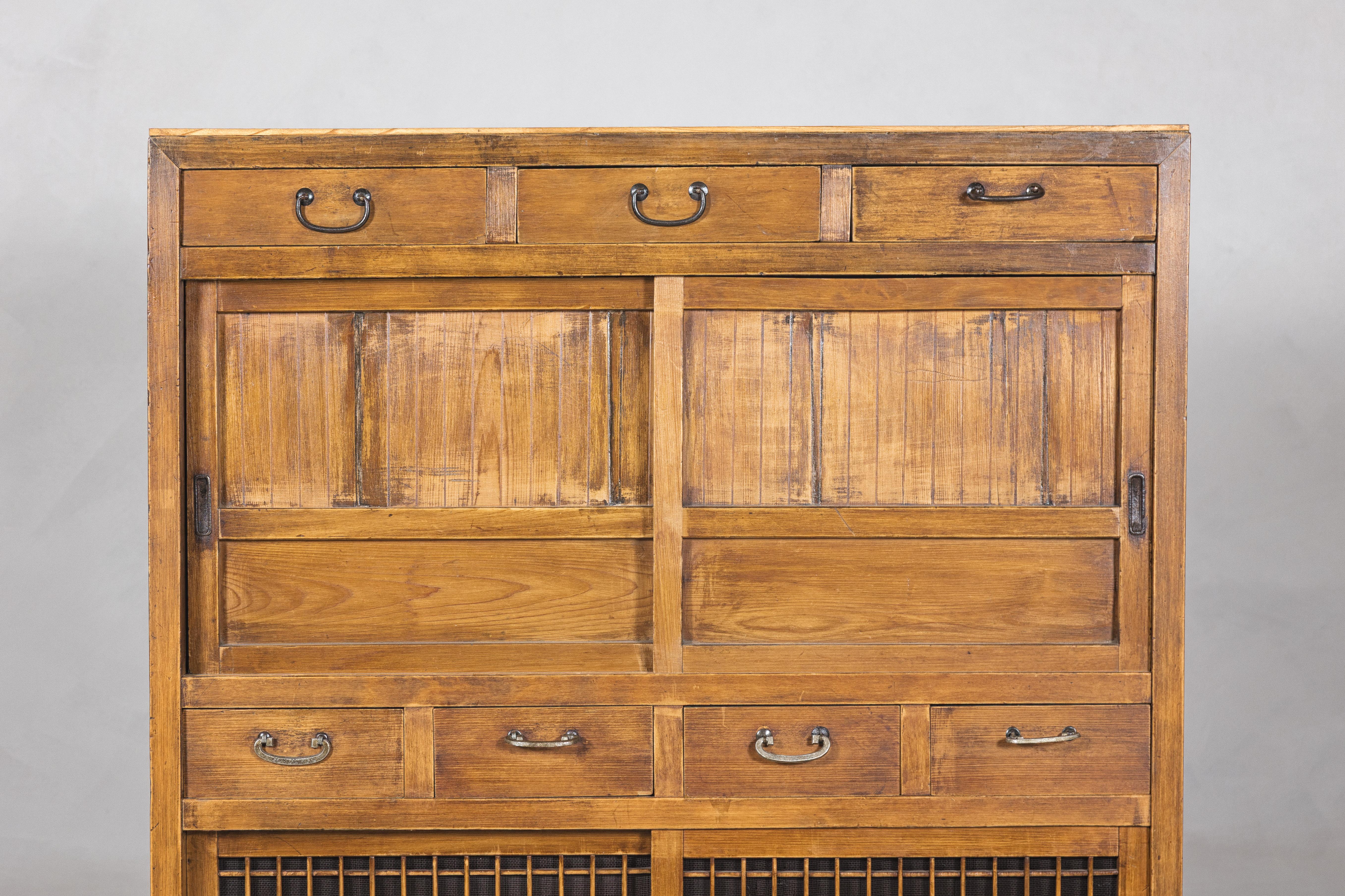 Taisho Taishō Period Japanese Mizuya Tansu Kitchen Chest in Sugi Wood with Sliding Door For Sale