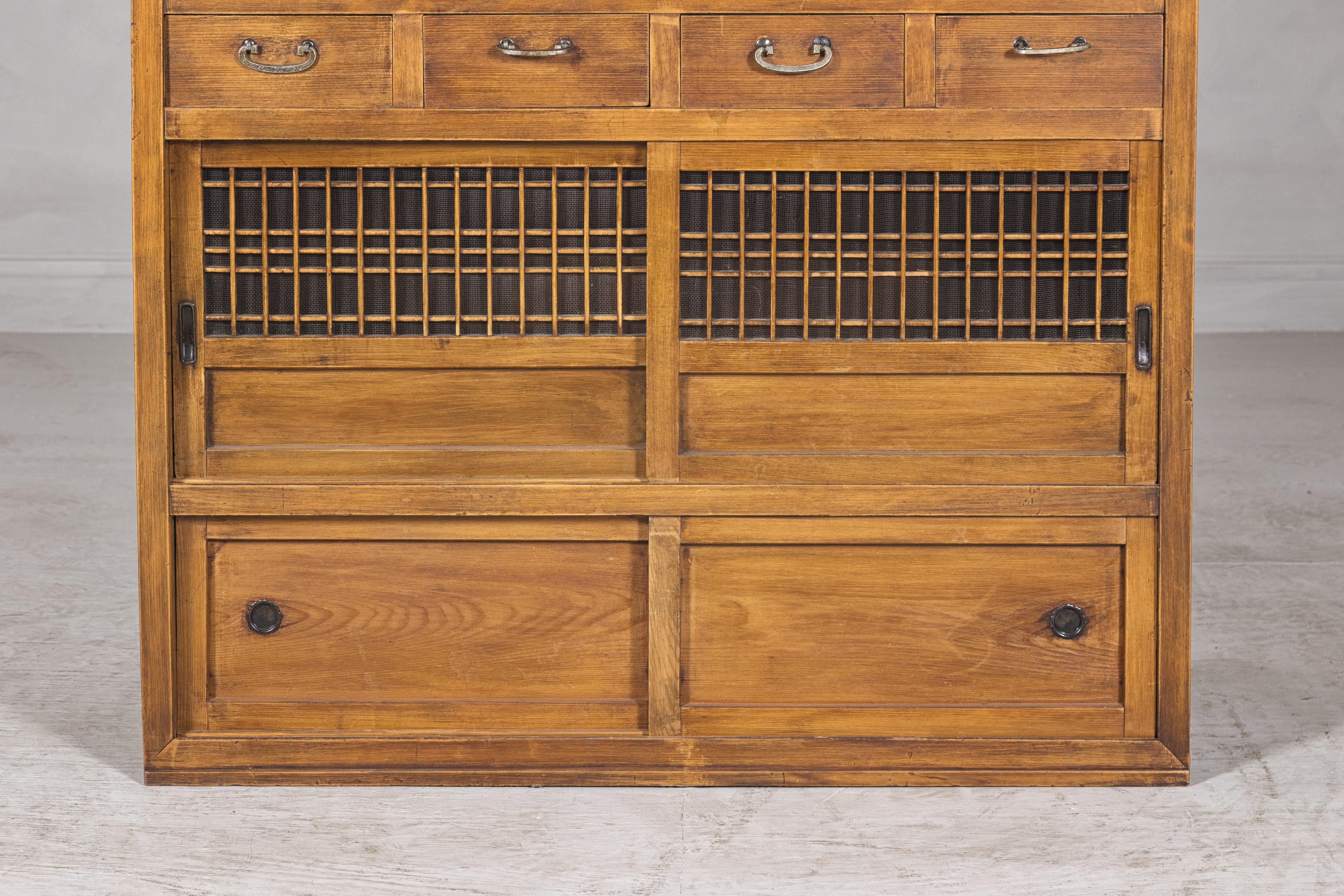 Taishō Period Japanese Mizuya Tansu Kitchen Chest in Sugi Wood with Sliding Door In Good Condition For Sale In Yonkers, NY