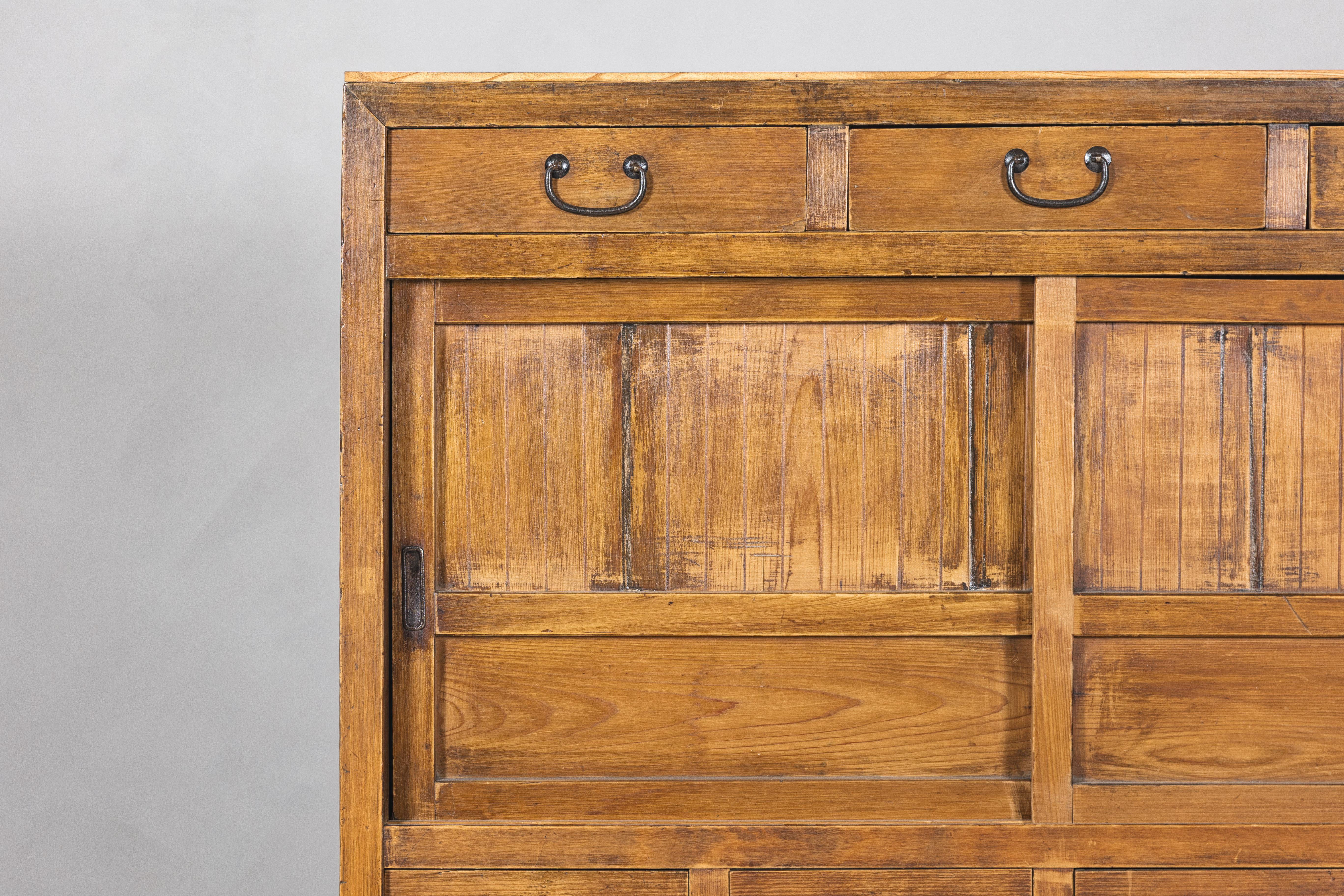 20th Century Taishō Period Japanese Mizuya Tansu Kitchen Chest in Sugi Wood with Sliding Door For Sale